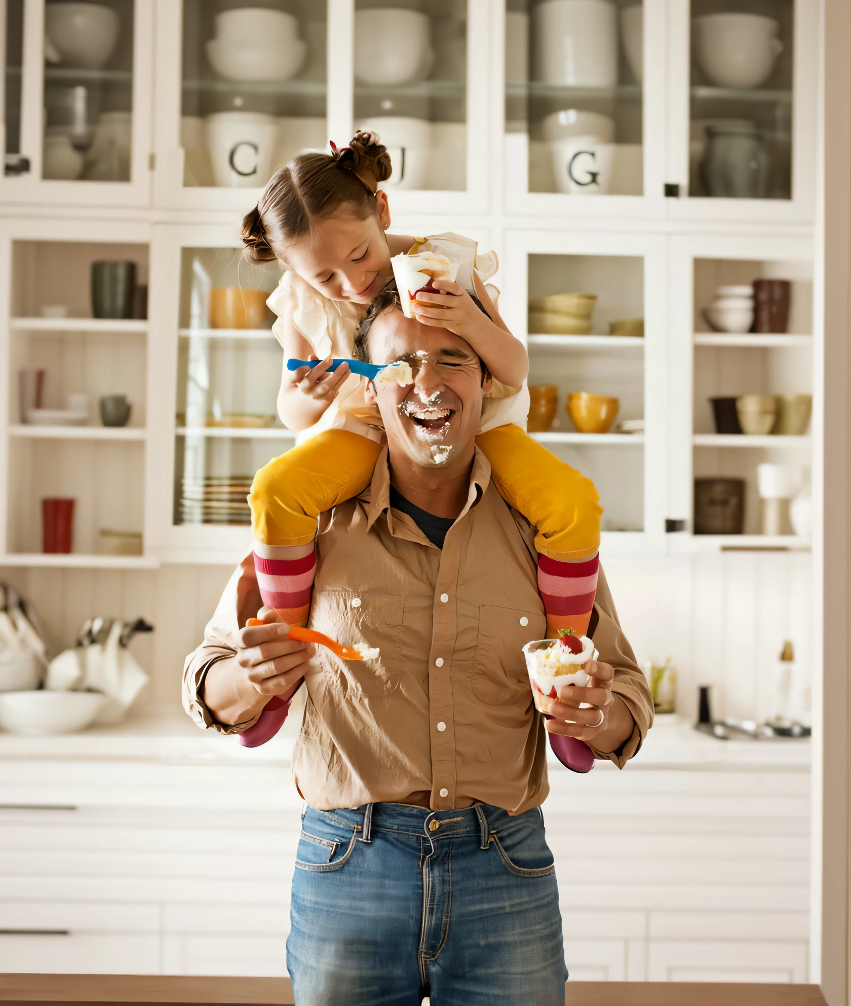 Man holding a child on his shoulders while eating a bowl of food, pai com filho, comer sorvete - creme, advertising photo, foto estilizada, comer sorvete, Ad image, Imagem promocional, iStockphoto, Directed by: Paul Davis, iStock, frosting on head and shoulders, fotorreal", Arte Promocional, Inspirador, foto de marketing legal, Handsome