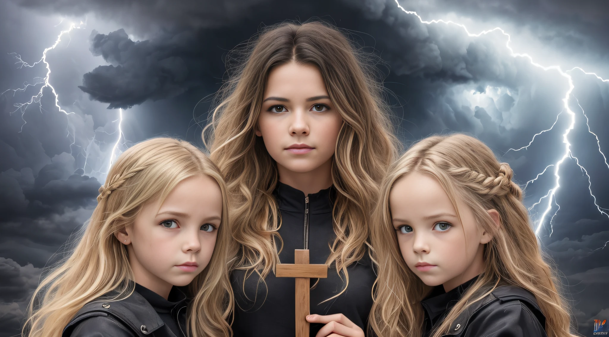 Um meio corpo, Portrait of 3 girls German children long blonde hair BRAIDS of 12 years, jaquetas couro vermelhas, holding in his hands a cross, Image of a large cloud of black smoke and lightning, magic storm and thunder clouds, Dark clouds and lightning, stormy sky with thunders, dark storms with lightning, thunderstorm in the sky, tempestade assustadora, fundo da tempestade, lightning clouds, nuvens tempestuosas escuras, tempestade, Tempo tempestuoso com raios, fundo da tempestade, trovoada ao fundo, fundo da tempestade de raios, Trovoadas