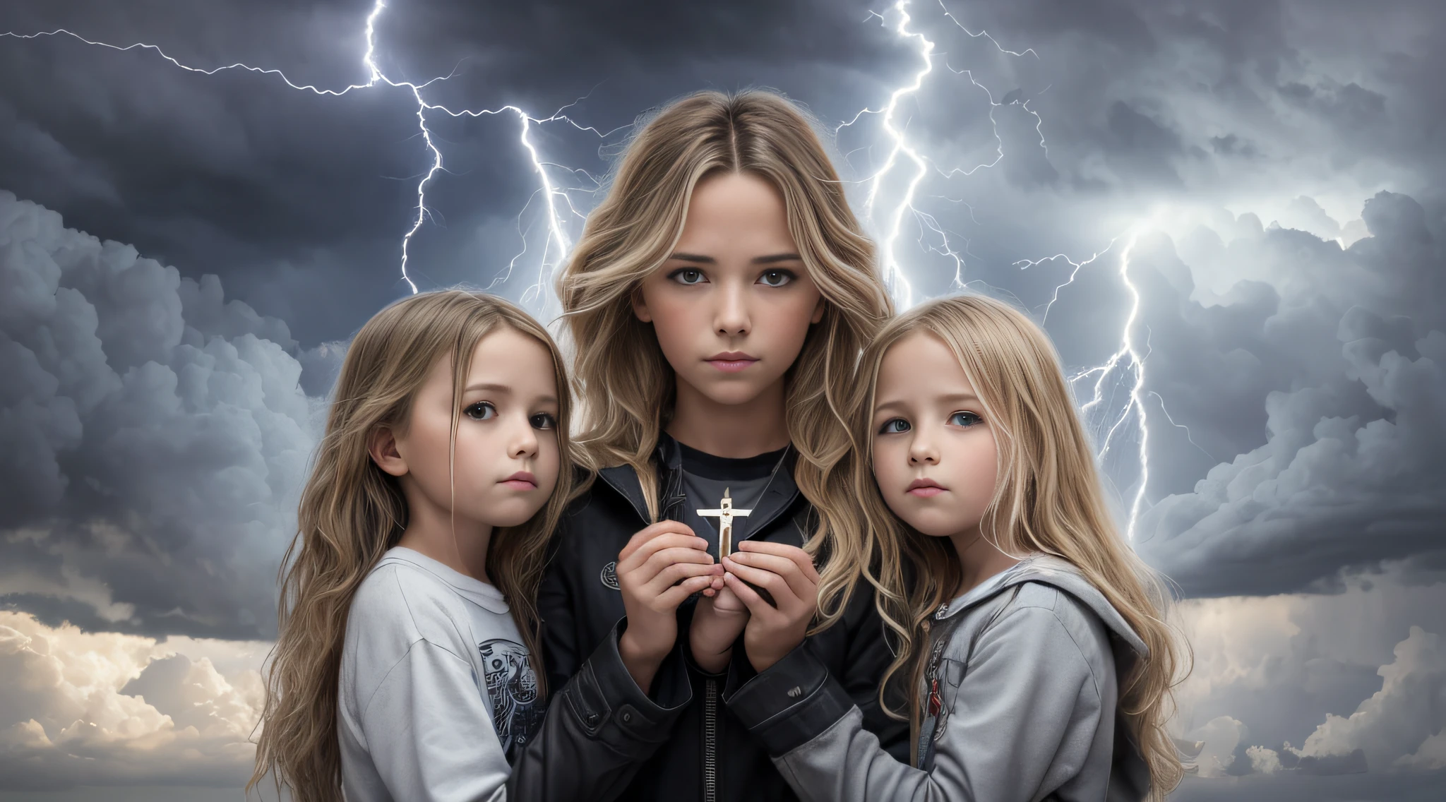 Um meio corpo, Portrait of 3 girls German long blonde hair BRAIDS of 12 yearsas couro vermelhas, holding in his hands a cross, Image of a large cloud of black smoke and lightning, magic storm and thunder clouds, Dark clouds and lightning, stormy sky with thunders, dark storms with lightning, thunderstorm in the sky, tempestade assustadora, fundo da tempestade, lightning clouds, nuvens tempestuosas escuras, tempestade, Tempo tempestuoso com raios, fundo da tempestade, trovoada ao fundo, fundo da tempestade de raios, Trovoadas