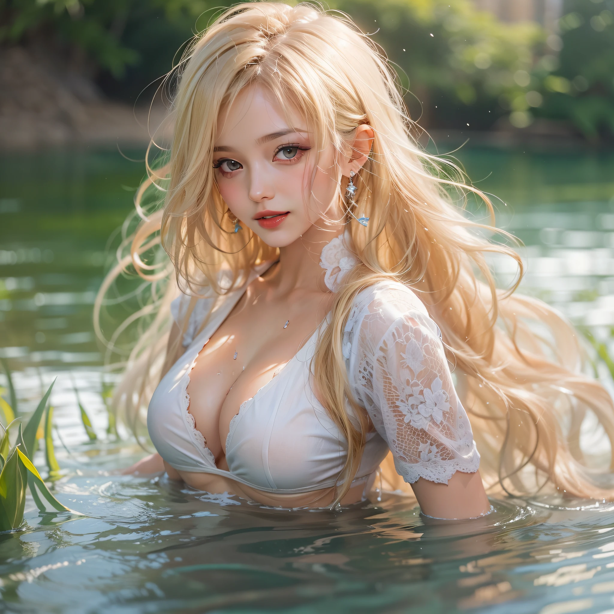 (Super realistic), (Long blonde hair), (((Super ))), ((Full body)), (Big bretailed nipples)), (Detail description), (Detailed hair description) hair) face), (detailed body description), (white, translucent skin), incomparable beauty, (extreme beauty), (red lips), (shy), (tempting smile), (looking at viewer), (summer) , ((in the river)), sitting by the pool, (wet clothes), ((uncensored)), erotic imag showing tits ssy, extremely detailed pussy