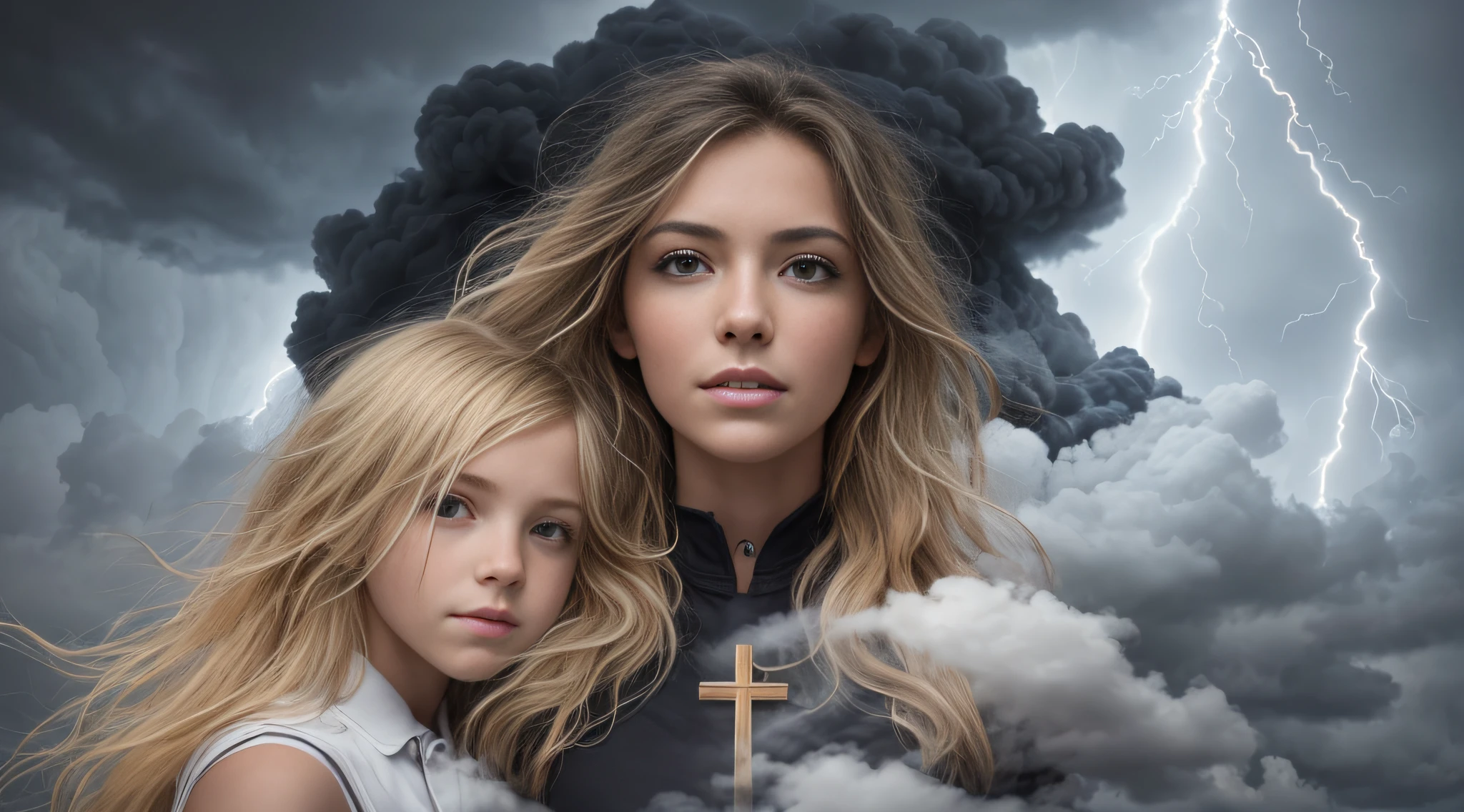 Um meio corpo, Portrait of 3 girls German children long blonde hair BRAIDS of 12 years, jaquetas couro vermelhas, holding in his hands a cross, Image of a large cloud of black smoke and lightning, magic storm and thunder clouds, Dark clouds and lightning, stormy sky with thunders, dark storms with lightning, thunderstorm in the sky, tempestade assustadora, fundo da tempestade, lightning clouds, nuvens tempestuosas escuras, tempestade, Tempo tempestuoso com raios, fundo da tempestade, trovoada ao fundo, fundo da tempestade de raios, Trovoadas