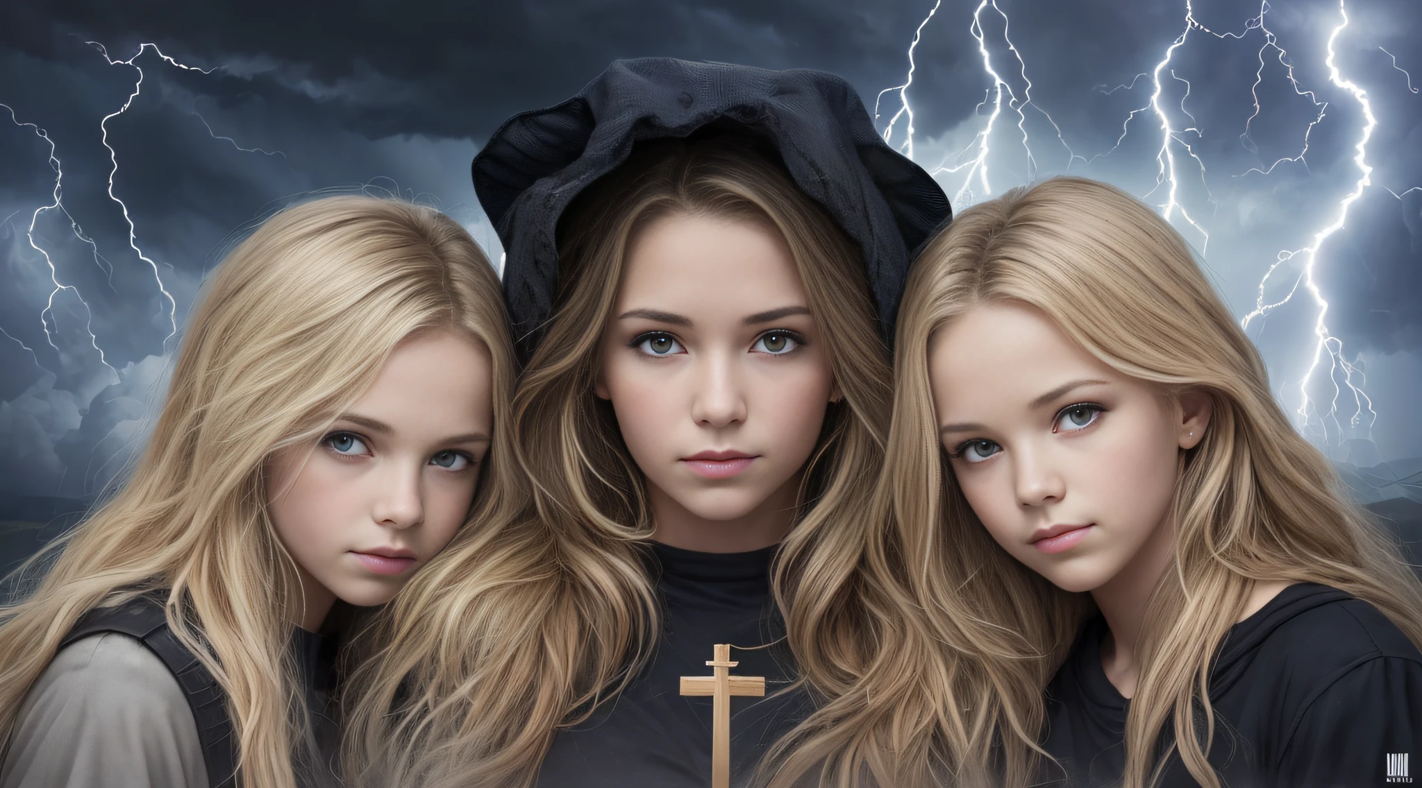 Um meio corpo, Portrait of 3 girls German children long blonde hair BRAIDS of 12 years, jaquetas couro vermelhas, holding in his hands a cross, Image of a large cloud of black smoke and lightning, magic storm and thunder clouds, Dark clouds and lightning, stormy sky with thunders, dark storms with lightning, thunderstorm in the sky, tempestade assustadora, fundo da tempestade, lightning clouds, nuvens tempestuosas escuras, tempestade, Tempo tempestuoso com raios, fundo da tempestade, trovoada ao fundo, fundo da tempestade de raios, Trovoadas