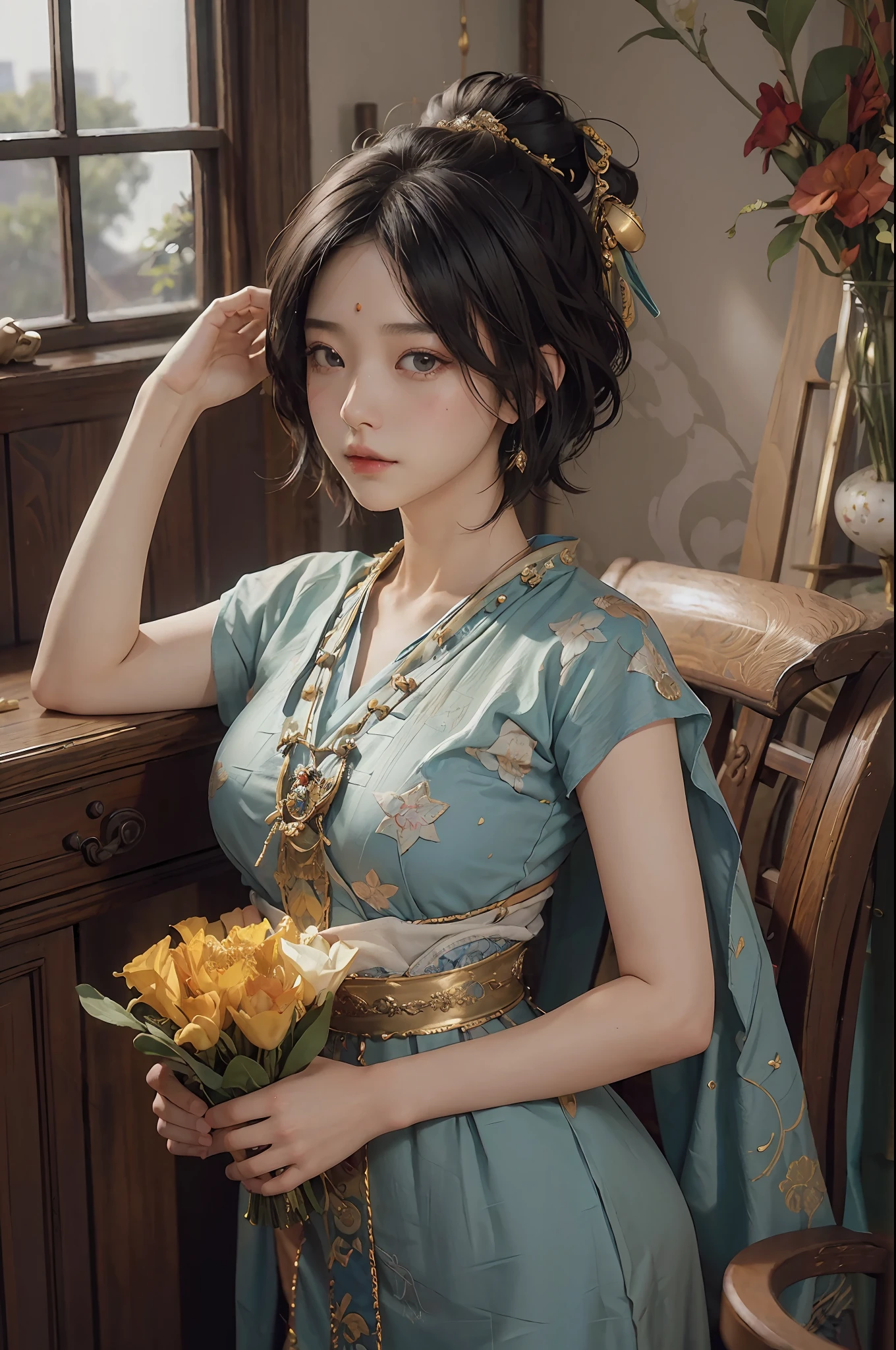 (RAW Photography、top-quality)、(realisitic、Photorealsitic:1.3)、top-quality、high-detail、​masterpiece、ultra-detailliert、illustratio、1girl、((very_short_hair))、dynamic ungle、world masterpiece theater、messy_black_hair、top-quality、the Extremely Detailed CG Unity 8K Wallpapers、inky、magnifica、电影灯光、lens_flare、dunhuang_style