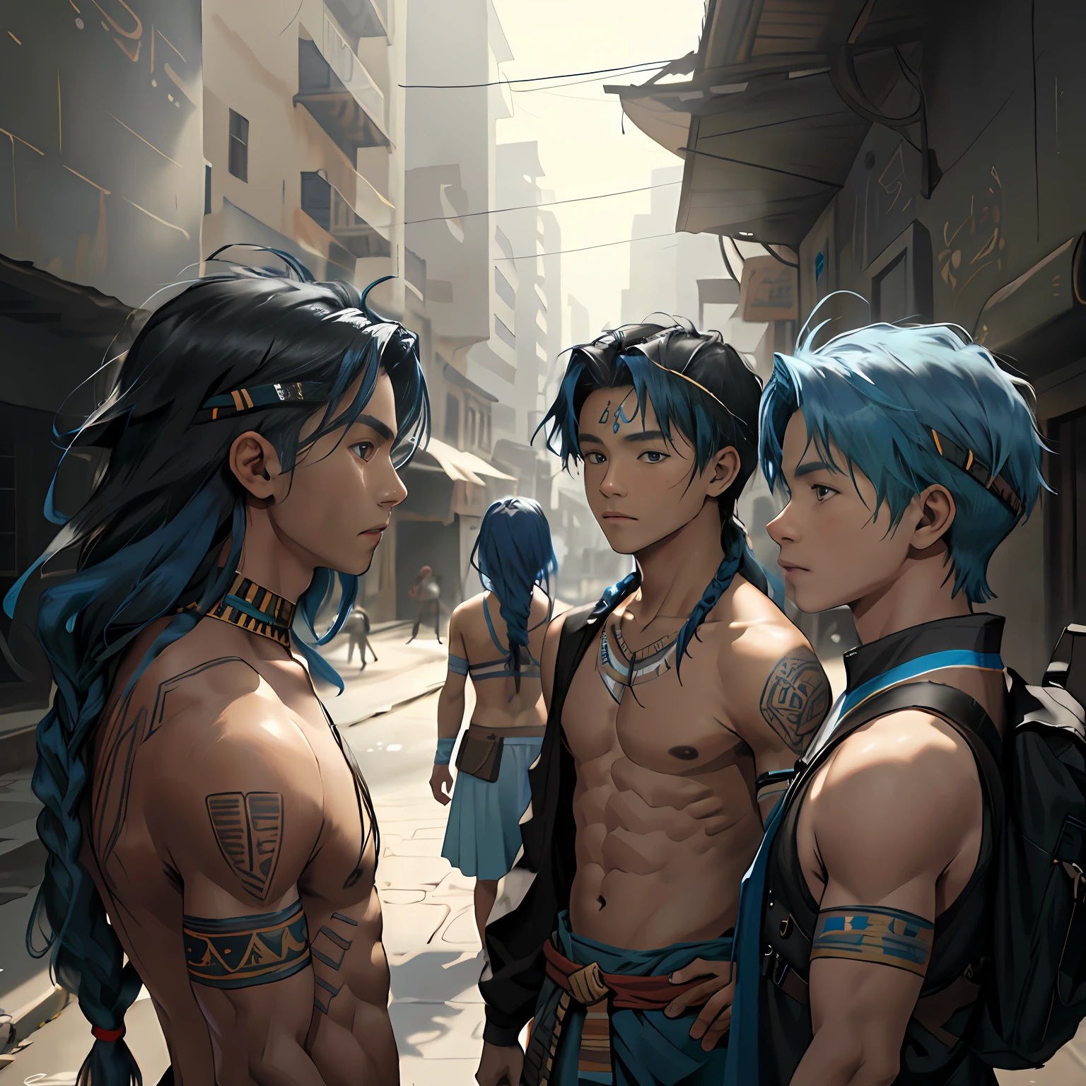 un grupo de 3 amigos cabello color azul, are 13 and ************, They are side by side ready to fend off the enemy army as they invade the city 14 years of blue hair., The 14-year-old boy with straight hair with his back uncovered and his chest bare but dressed in typical clothes of ancient Egypt with dark skin walking lost through the different streets of a city is noon. doferentes angulos mira la ciudad desde lo slto de una colina.