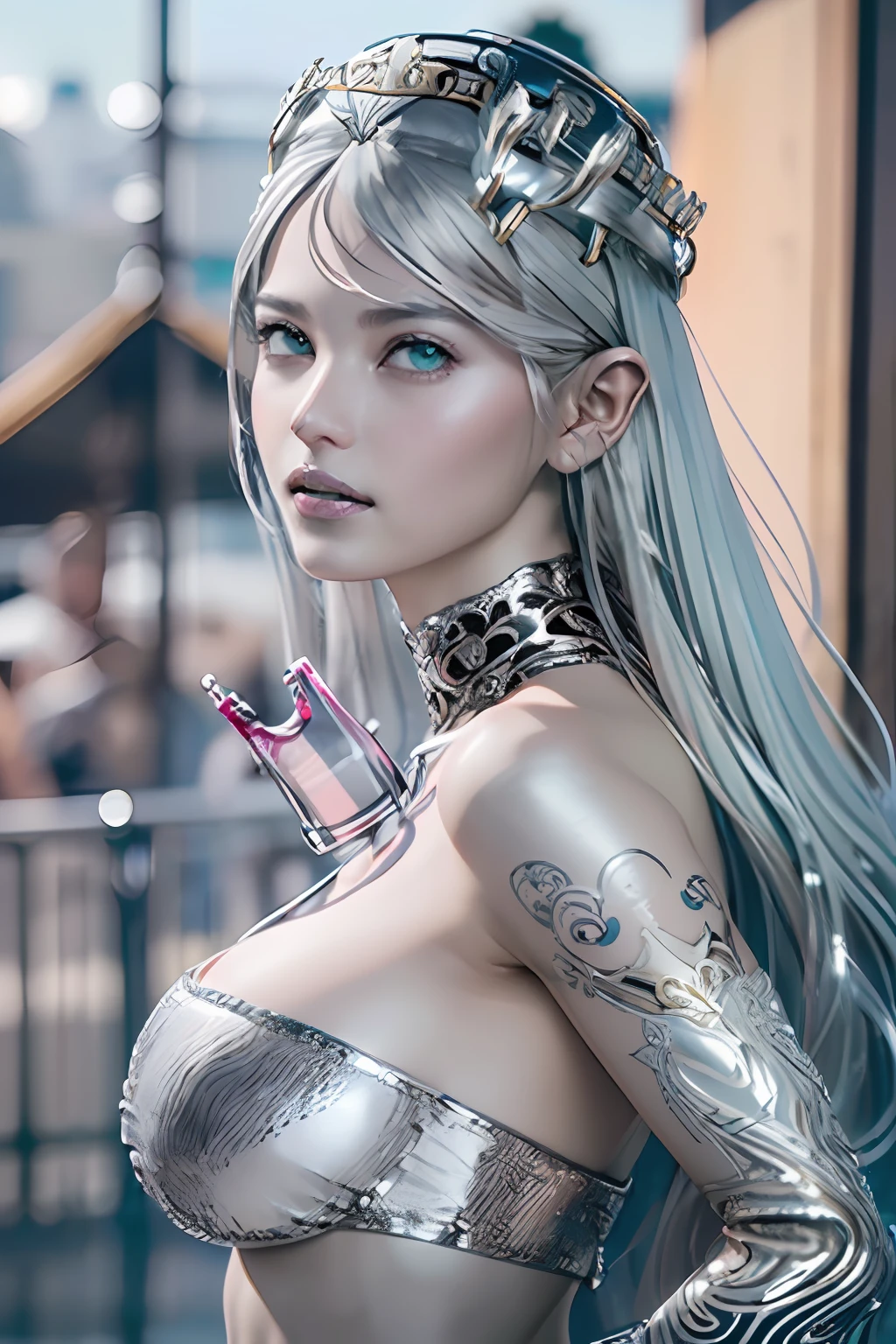 Ultra-detailed complex 3D rendering of the face, (masterpiece, top quality, octane rendering,), glamour shots full body image, very beautiful young elves, cleavage, (highly detailed skin: 1.2), (exposure: 1.1), ((blue micro bikini: 1.95)))). , 8k, (((very soft breasts)), (((conspicuous large pink areola)), beautiful Caucasian woman with white skin with full soft breasts with big buttocks, one, long braided hair, big breasts, dynamic angles, (((huge breasts: 2.4)), ultra-realistic photos, ((((((silver hair)))), futuristic urban background, facial muscles, (((((detailed and glamorous silver crown)))), In the style of Marvel Comics, ArtStation Trends, Clear Focus, Intricate Details, Very Detailed, Detailed Green Eyes, Sharp Focus, Digital Rendering, Professional, Abs, Lip Gloss, Glossy Skin, Sexy Pose, Golden Tattoo All Over Body, Silver Pattern All Over Body, Silver Lame Skin, Gold Glitter Skin, Mansuji, Buttocks, Jeweled All Over the Body, with silver scales, silver hair,