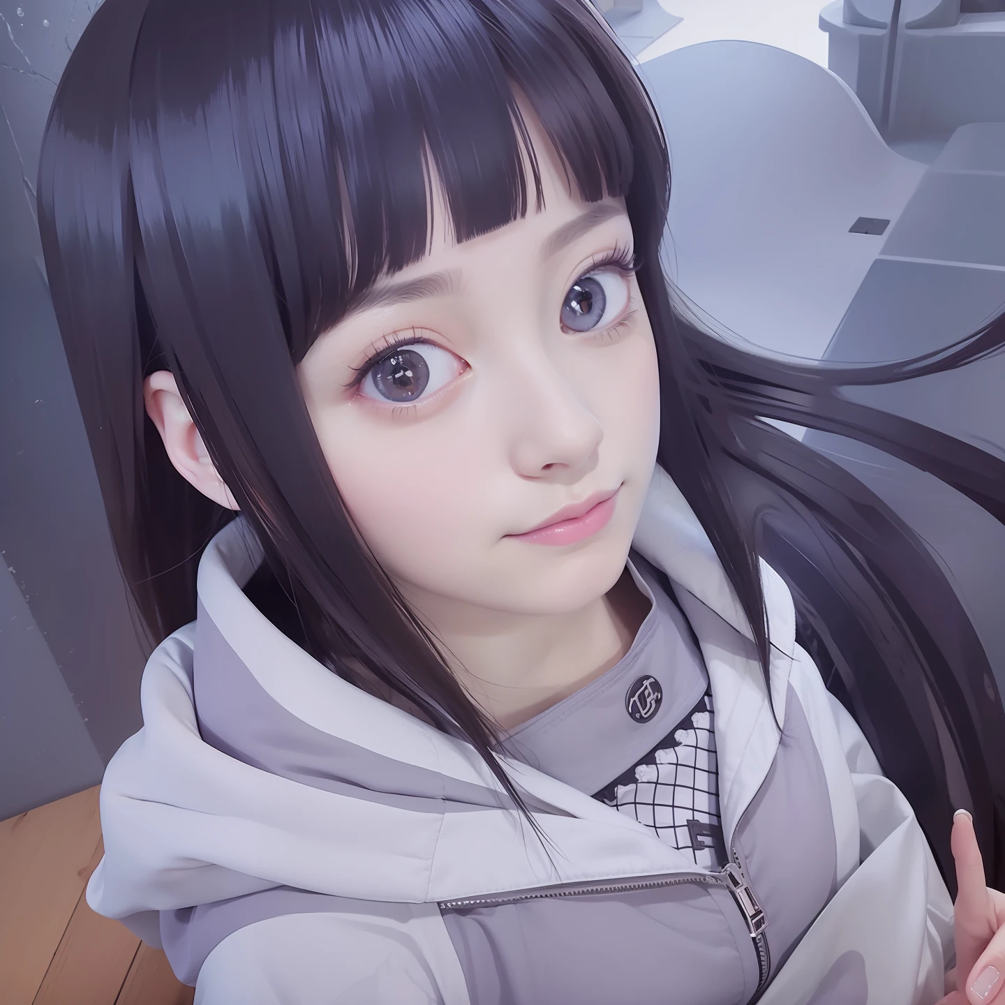 Masterpiece, highest quality, high resolution, interior, detail maniac, high definition, high quality, detailed face, detailed body limbs, detailed five fingers, 1girl, solo, Hinata hyuga, purple jacket