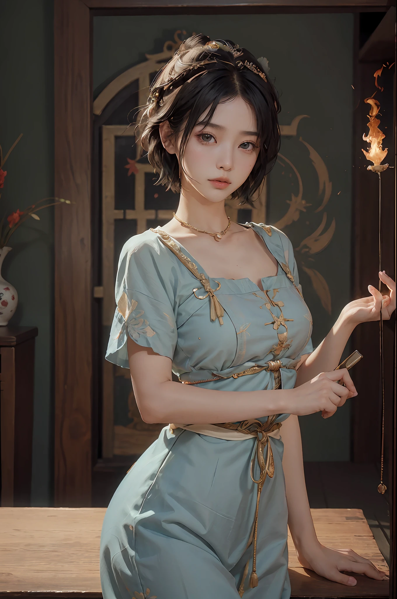(RAW Photography、top-quality)、(realisitic、Photorealsitic:1.3)、top-quality、high-detail、masterpiece、ultra-detailliert、illustratio、1girl、((very_short_hair))、dynamic ungle、world masterpiece theater、messy_black_hair、top-quality、the Extremely Detailed CG Unity 8K Wallpapers、inky、magnifica、电影灯光、lens_flare、dunhuang_style