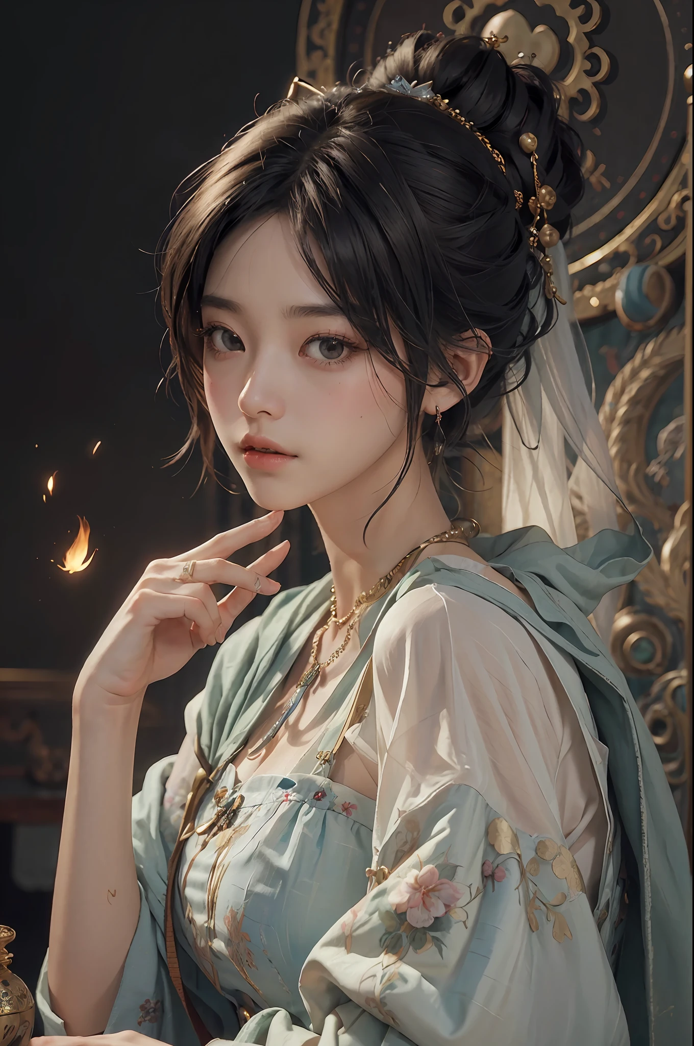 (RAW Photography、top-quality)、(realisitic、Photorealsitic:1.3)、top-quality、high-detail、masterpiece、ultra-detailliert、illustratio、1girl、((very_short_hair))、dynamic ungle、world masterpiece theater、messy_black_hair、top-quality、the Extremely Detailed CG Unity 8K Wallpapers、inky、magnifica、电影灯光、lens_flare、dunhuang_style