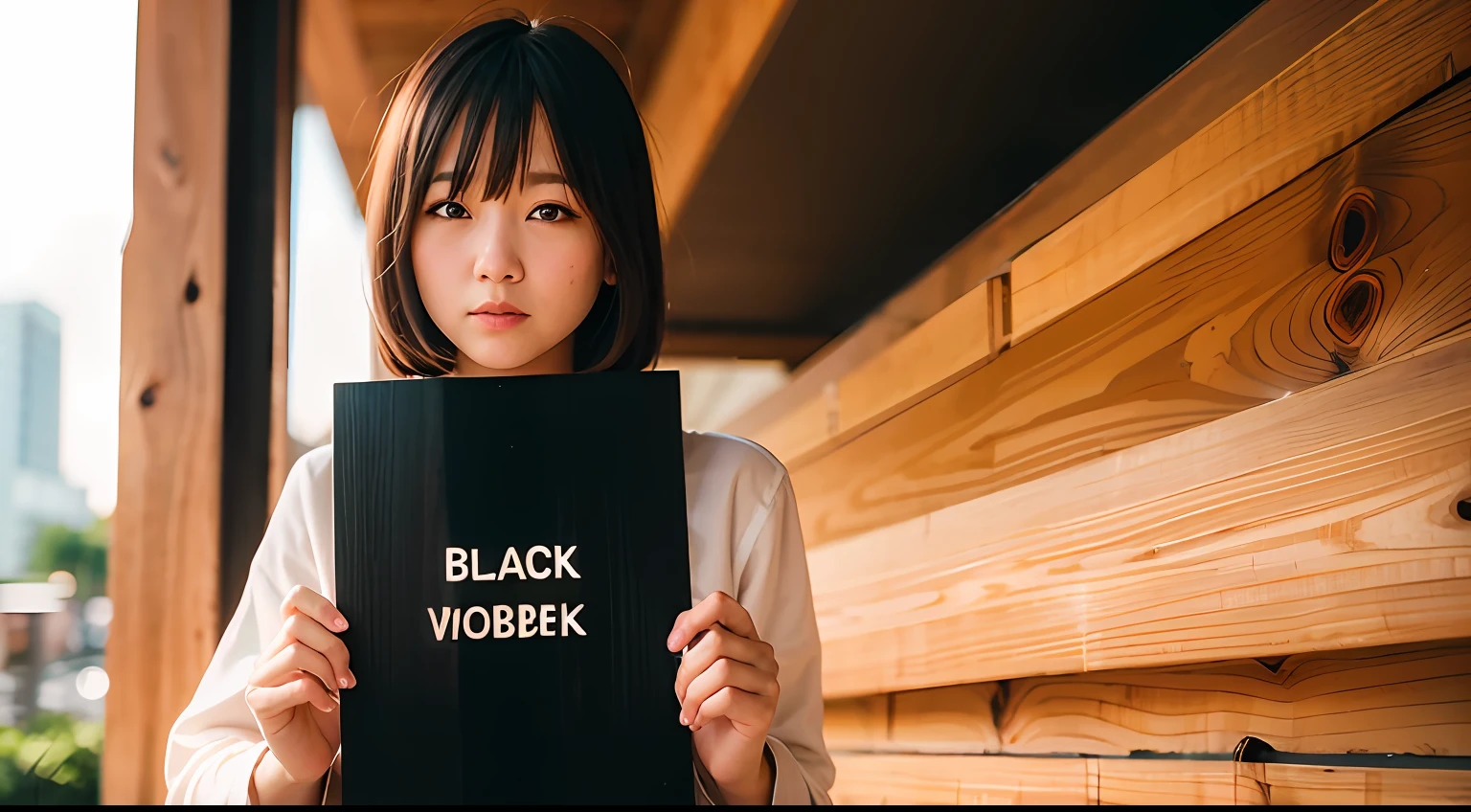 Good Hand,hight resolution, masutepiece, Best Quality,((Hasselblad photo)), finely detailed skin, (Cinematic lighting), 鎖骨, Soft lighting, Dynamic Angle, Outside, (Holding a wooden black sign in your hand:1.6).Best Quality ,masutepiece,超A high resolution,(photographrealistic:1.4), 1 girl, Looking at Viewer,Very beautiful,kawaii, Cinematic, 35mm lens, F/ 1. 8, Accent Lighting, 8K,