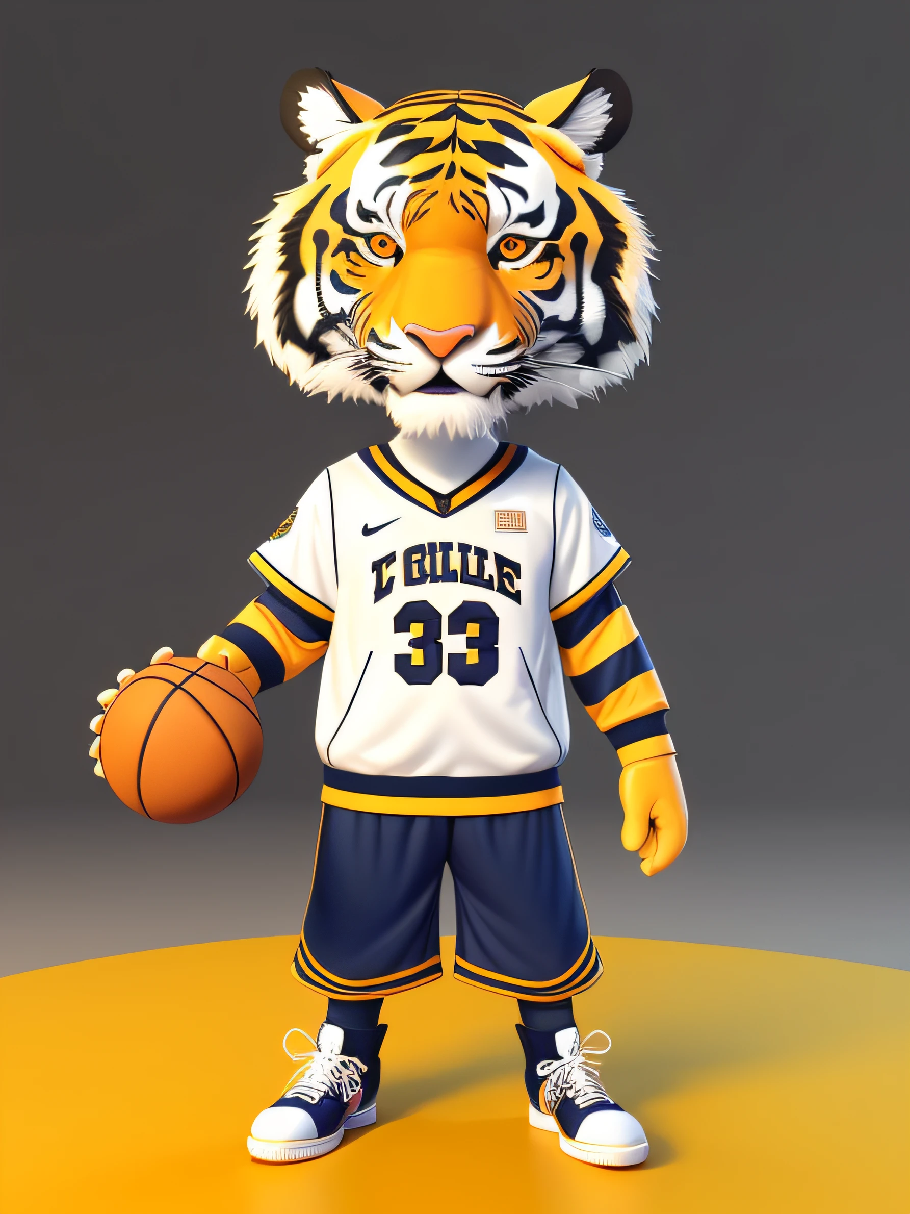 Create mascot of a tiger style 3d illustration, com jaqueta de college americano, basketball shoes and long pants, muito trabalhado e autentico