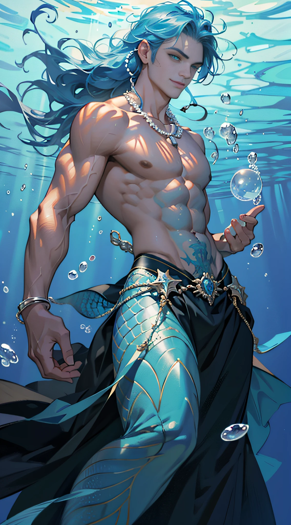 （tmasterpiece，A high resolution，ultra - detailed:1.0），（1 boy，young male:1.3），(Masculine face:1.3), Adult male,Perfect male body，a broad shouldered，strong muscle，Mermaid line，chest muscle，（Man fish:1.5）, (Fishtail:1.3), （eye looking to camera), Delicate eyes and delicate face，Extremely detailed CG，Unity 8k wallpaper，Complicated details，（confident smile)，Toothy smile，，Hair flying in the water，light blue colored skin，Fin ears，There are fine scales on the skin，top less，Wear a pearl shell necklace，full bodyesbian，solo person，Detailed face, ("Ocean and underwater world" Theme:1.1), (Under water，Ocean bubbles，Underwater light and shadow)，portraitures，