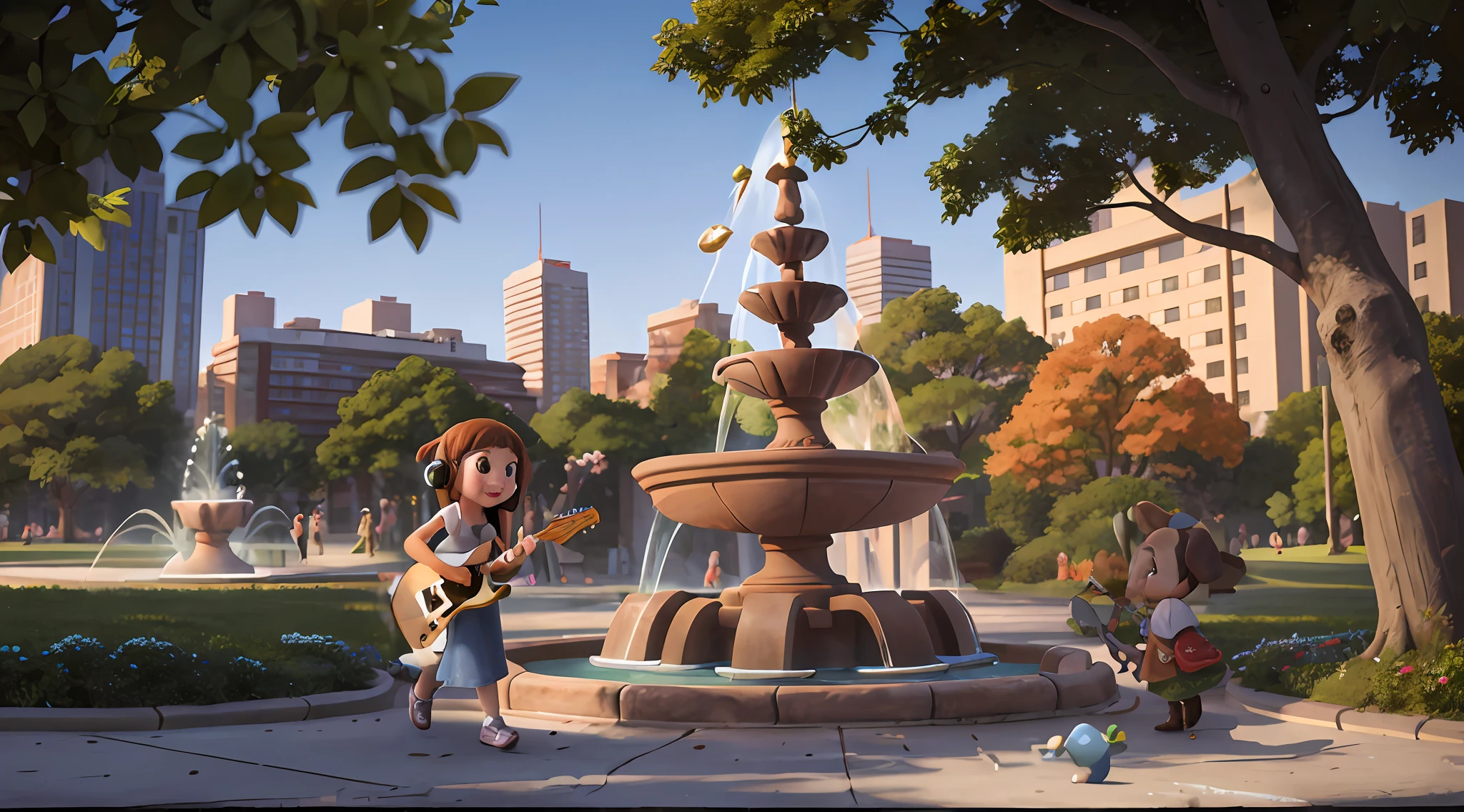 （tmasterpiece），（high qulity）， best qualtiy， （Realistis）， ultra - detailed， （fulldetail），detailed game art illustration，in the afternoon，Sunlight falls on the ground through gaps between the trees,There is a musical fountain park around the corner，(There is a young girl in casual clothes in the park)，(Girl playing guitar)，(There was a dog listening to the girl sing bullets)，[The fountain glows in the sun]，[Some pedestrians]，[Hip hop dancing little boy]，[There are middle-aged people laughing and laughing with friends]，[[A family of three taking photos in the distance]]，[[[High-rise residential]]]，cartoonish style, People view，Atmosphere map，(The fountain is located in the visual center of the picture)，Natural soft light，（The fountain）