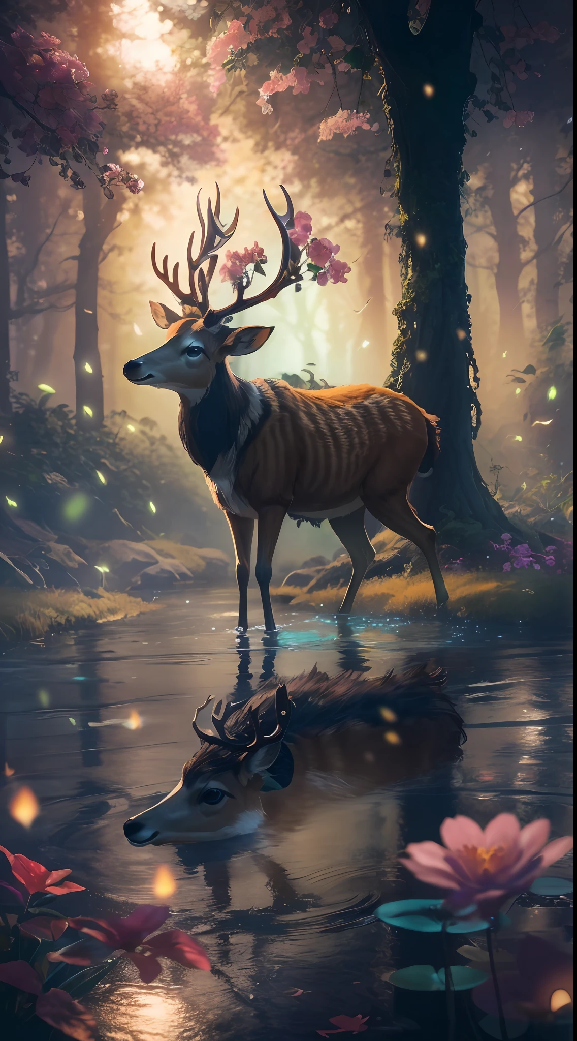 Masterpiece, best quality, (very detailed CG unified 8k wallpaper), (best quality), (best illustration), (best shadow), glowing elf with a glowing deer, drinking water in the pool, natural elements in forest theme. Mysterious forest, beautiful forest, nature, surrounded by flowers, delicate leaves and branches surrounded by fireflies (natural elements), (jungle theme), (leaves), (branches), (fireflies), (particle effects) and other 3D, Octane rendering, ray tracing, super detailed , deer --v6