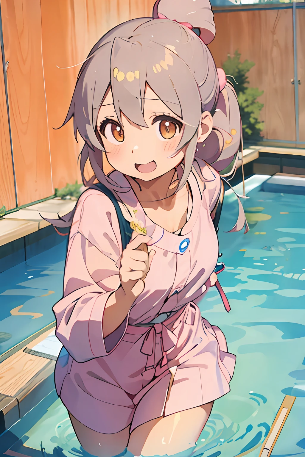 anime visual of a cute girl, Anime moe art style, Soft anime illustration, cute anime girl portraits, Cute anime girl portrait, cute kawaii girls,Yukata style clothing,bathrobe,Oyama Makoto,smallunderboob,(perfect hand,perfect anatomia), (Dynamic angles and poses:1.3),Japanese Yukata,So happy,Bath,Awa Onsen,playing water,Normal hands,Grab your sleeves