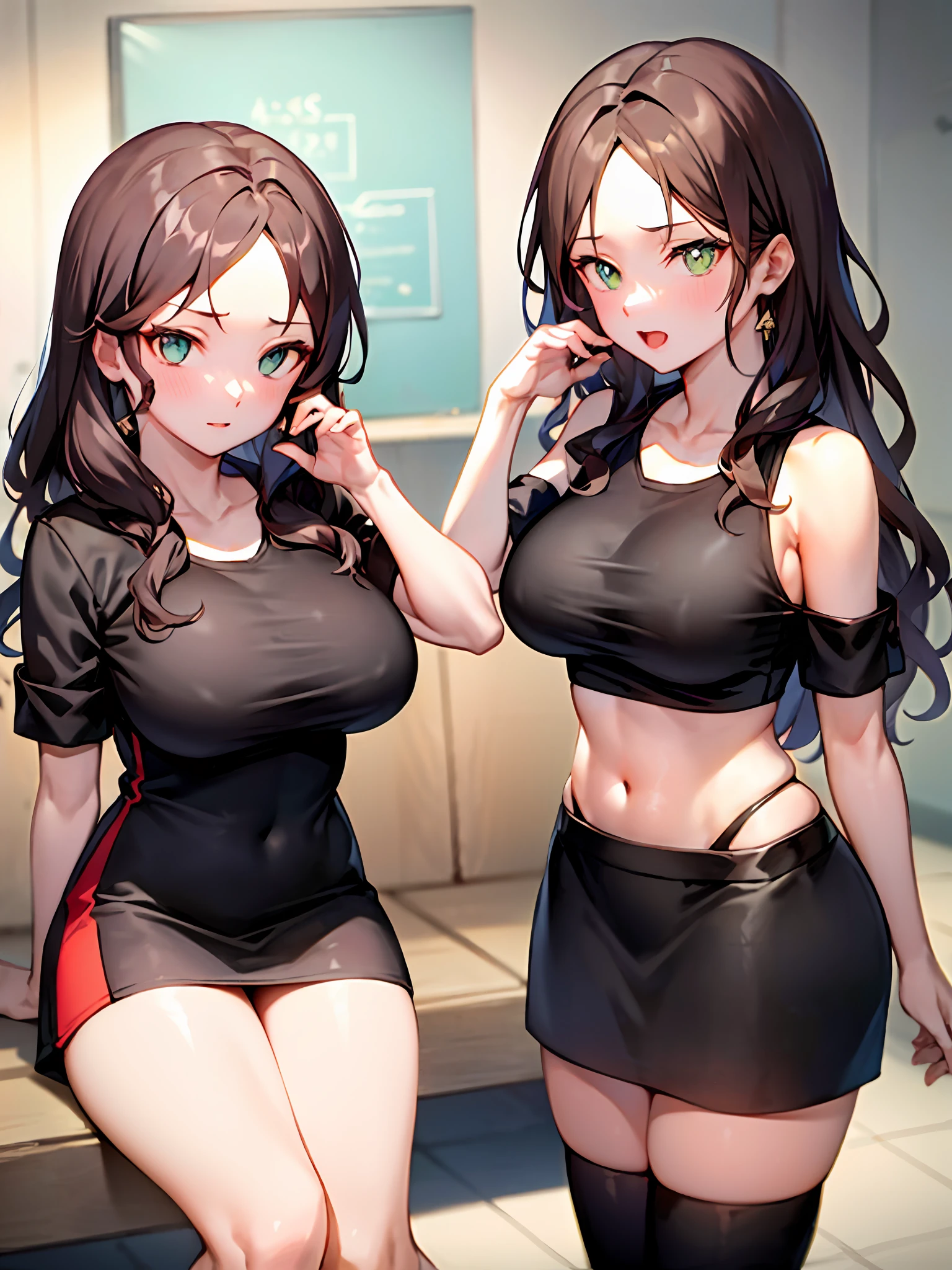 quadratic element,anime big breast,brunette color hair,黑The eye,dual horsetail,Red top,black short skirt,over knee socks,Tsundere,Rin Tosaka