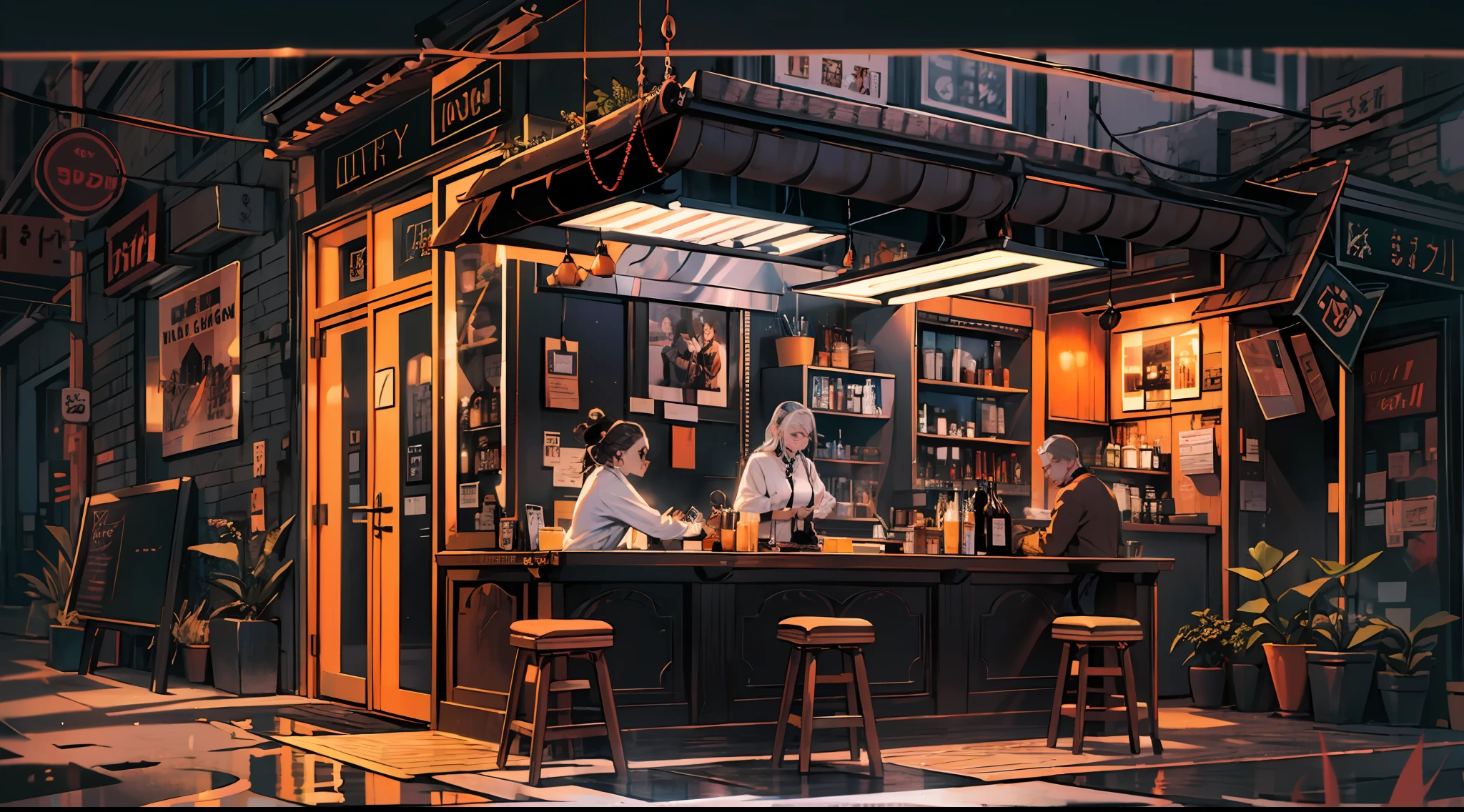 Best quality,tmasterpiece,Ultra-high resolution fills the picture,Indoor at night,Cafe in the sky,Orange color scheme for the café,There was coffee and beer,Cans,the night,inside in room,Coffee machine,Coffee lockers,Orange neon color scheme,Silver-white hair,Black fashion clothing,Orange and black matching outfits,boxer,Cafe beautiful girl,cyberpunk backgrouns,The background is colorful,Lateral face,Smiling,Various laid-back poses,Perfect makeup,Love eyes,8K quality,cyber punk perssonage,sense of science and technology,Character backlighting,rim-light,Movement changes,Flowing hairstyle,Loose hairstyle,The number of fingers is refined,The most beautiful girl in mankind,Wear a headband,Luminous accessories,Luminous earrings,Wear delicate accessories,Delicate close-up of the face,Realistic image quality,Super light and shadow,Very good figure,Meticulous,Have a cup or coffee on the roof in the evening,Very good figure,Raised sexy,luminous,Cool,Very stylish café,Cafe at night,opulent,Have food,Laugh happily,Hands can be placed in pockets