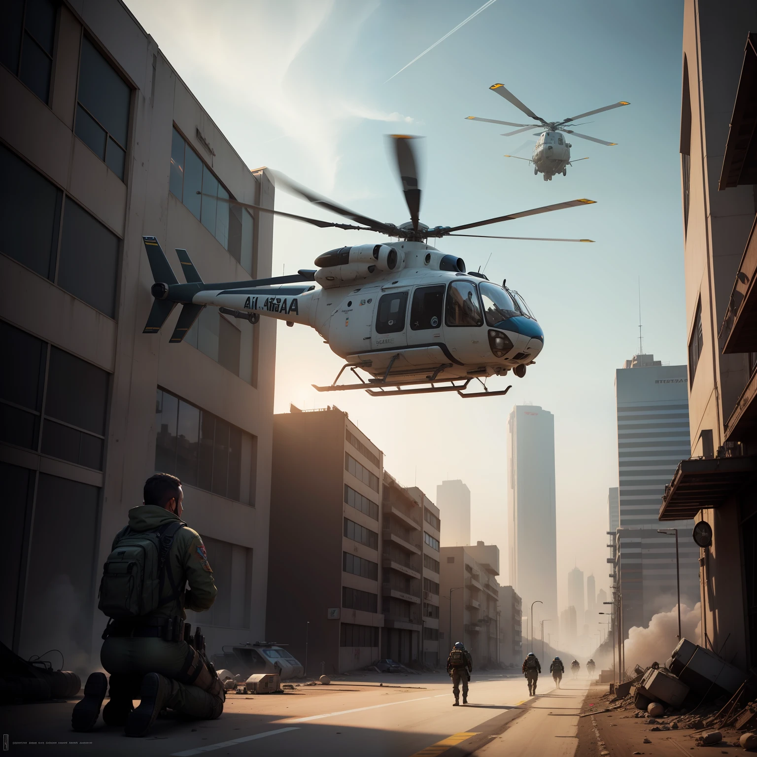 Create an ultra-realistic image of a futuristic post-apocalyptic rescue helicopter, of the Amaricana Air Force, backgrounds of a great futuristic post-apocalyptic city,