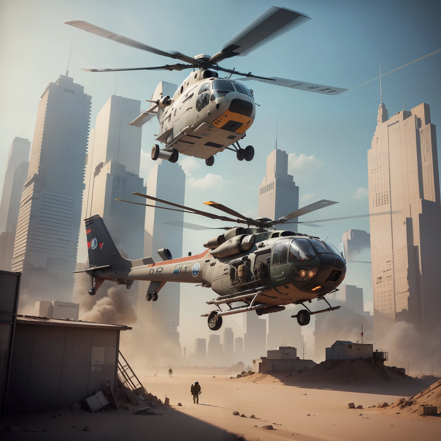 Create an ultra-realistic image of a futuristic post-apocalyptic rescue helicopter, of the Amaricana Air Force, backgrounds of a great futuristic post-apocalyptic city,