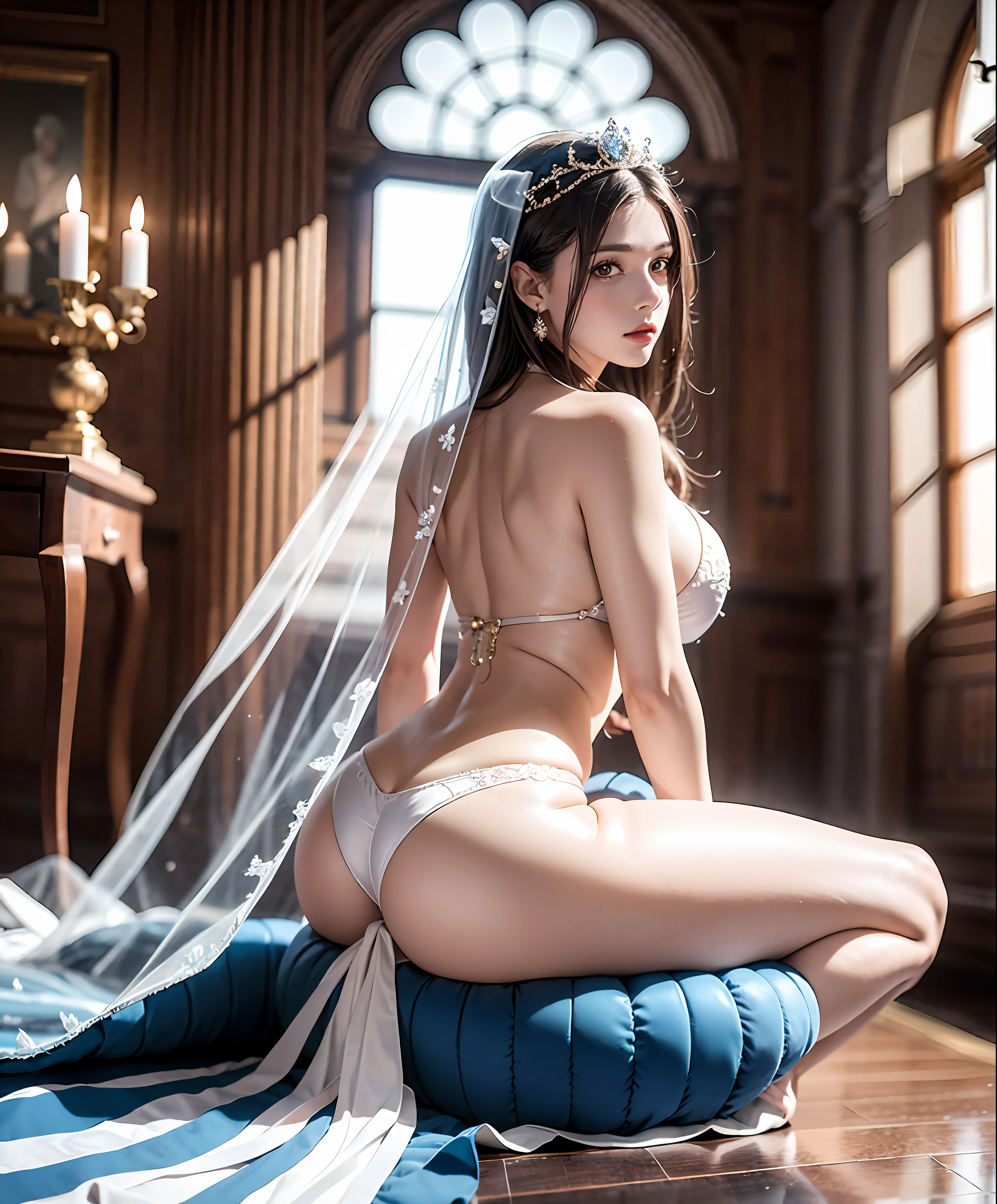 Arapefi, Blue princess wedding dress, sitting on an royal throne,In the palace, wearing high heels,Watching from behind,both hands on hip,next to a big window, Close up from behind, next to a window, sitting in a castle, Sense of transparency,(oversized boobs,1.5),Expose cleavage,Turn around and look at the camera,tmasterpiece,Flawless,Sense of transparency,Empty inspiration,More details and decoration,(Expose the whole body,1.8),Exposing thighs,,long leges,8K,(Wear decorations such as rings,1.9),White-colored skin,Ornate ornament,Waist stockings,one-girl,(Dissection is correct,Extremely colorful, Best quality, high detal, Masterpiece, Cinematic lighting, 4K, Chiaroscuro)