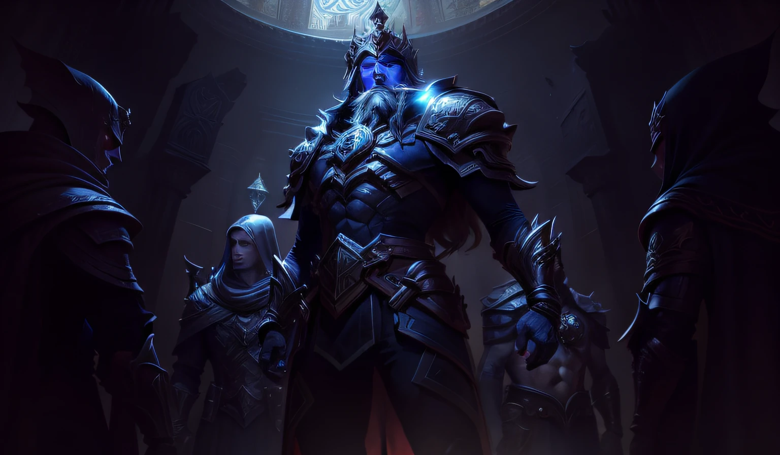 "Templo escuro, quatro homens vestidos de preto em volta de Zed, de costas, league of legends". --auto