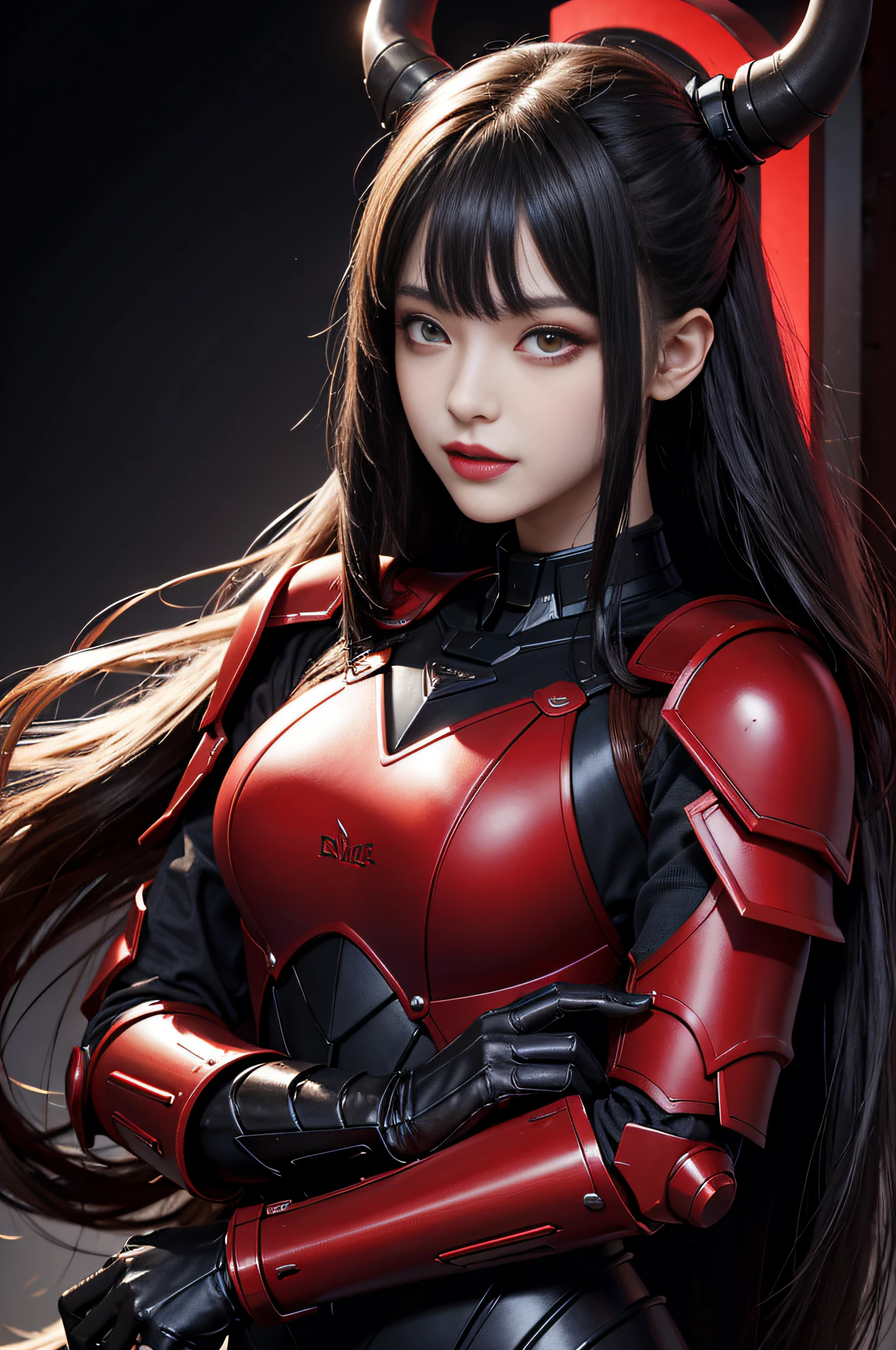 Cyber Girl,red color eyes,Dark style,Evil smile,Heavy armor,1girll