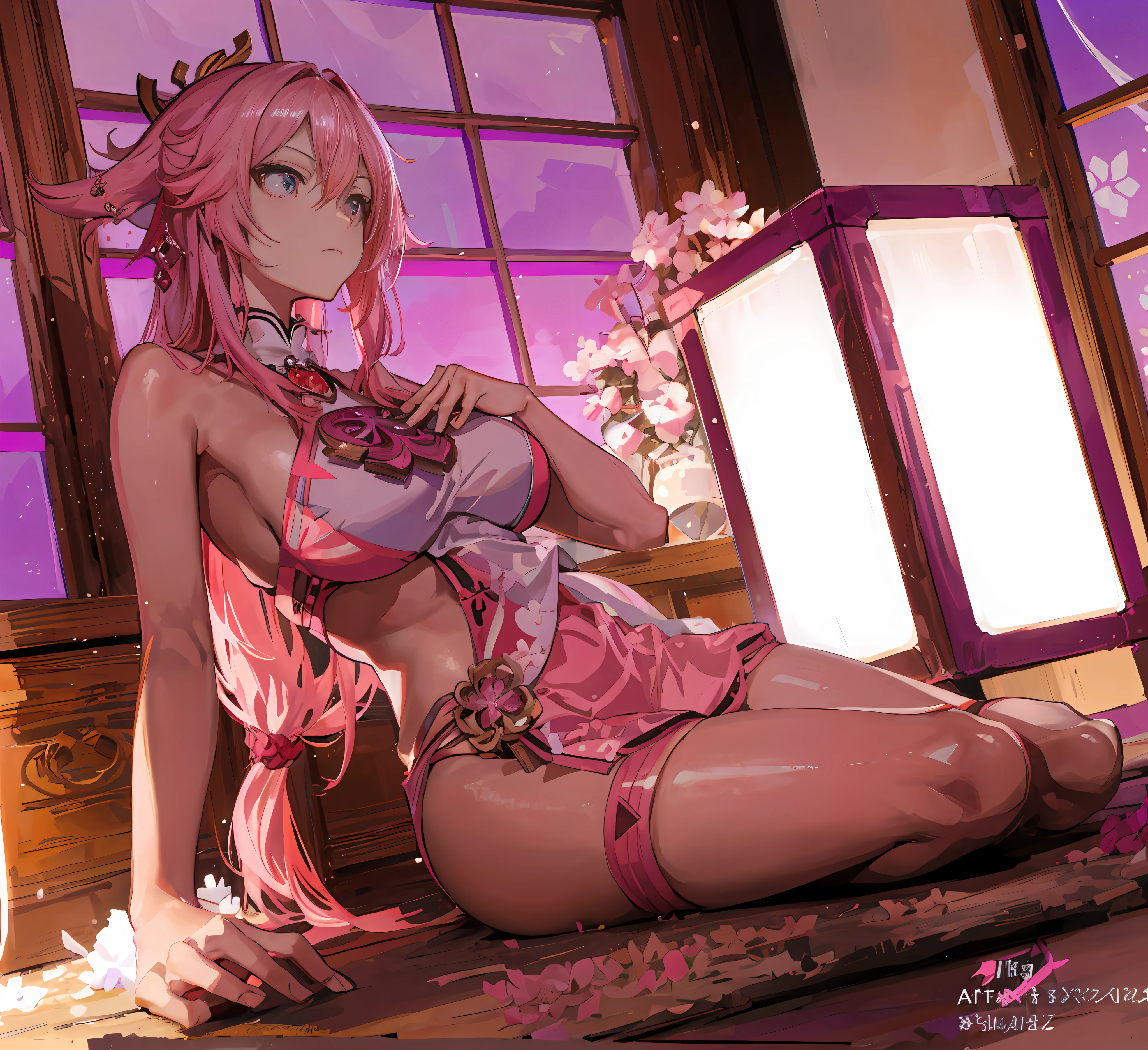 Anime girl in pink outfit sitting on the floor with a lamp, seductive anime girl, anime goddess, beautiful alluring anime woman, extremely detailed artgerm, trending on artstation pixiv, 8k high quality detailed art, guweiz on pixiv artstation, guweiz on artstation pixiv, Yae Miko Genshin Impact, beautiful anime girl, juicy breasts, juicy legs, big booty, cuteface,