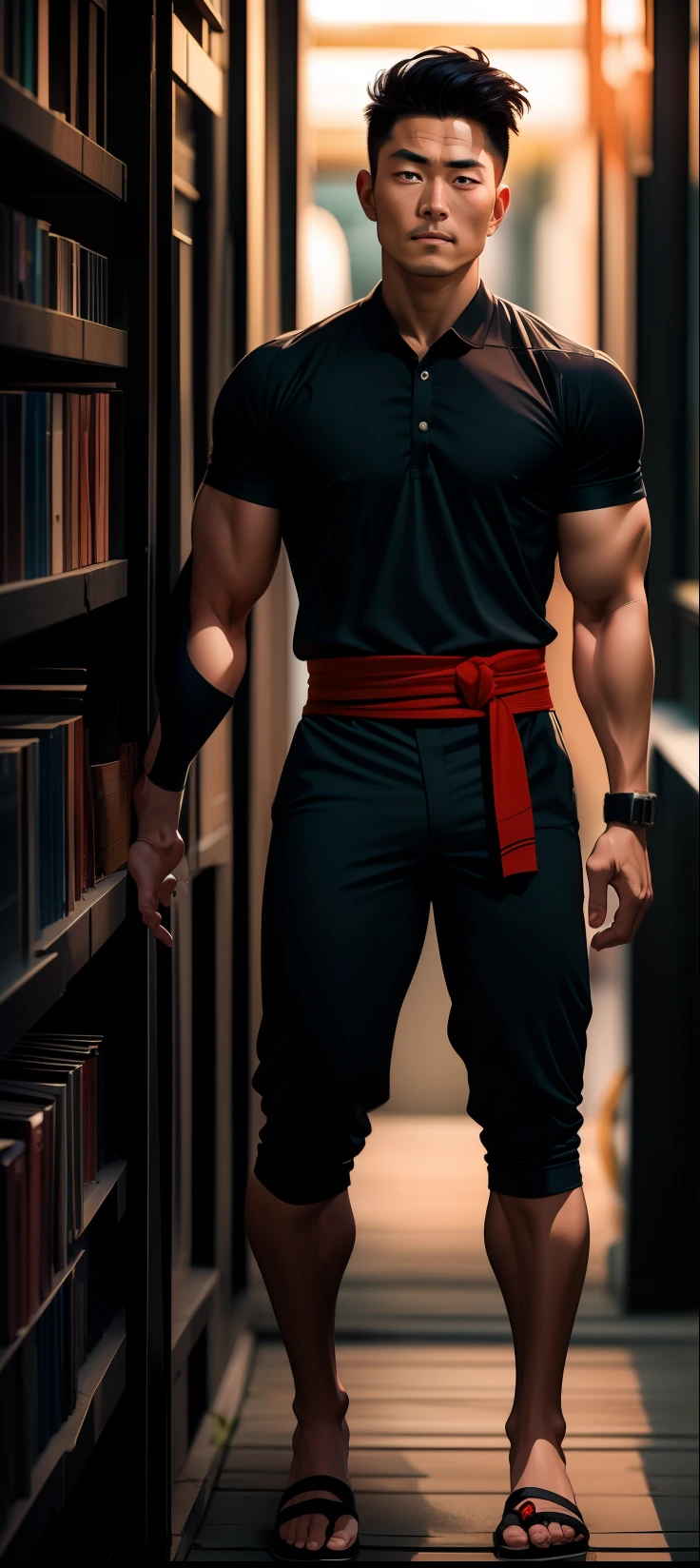 Masterpiece, Physical Appearance: Hiroki stands tall at 6'2" with a well-built, muscular physique, a testament to his rigorous training as a ninja. His short, raven-black hair is styled with a slightly swept-back look, revealing a prominent forehead protector bearing the symbol of his hidden village. His piercing green eyes reflect a combination of determination and a calm demeanor, which often unnerves his opponents in battle. Hiroki has a faint scar running across his left cheek, a reminder of a past encounter with a dangerous adversary.Clothing: Hiroki wears a sleek, high-collared, navy blue flak jacket over a form-fitting black long-sleeved shirt. He pairs it with durable black cargo pants, allowing him the freedom to move swiftly in combat situations. Wrapped around his waist is a crimson sash adorned with intricate golden designs, symbolizing his dedication to his village. On his feet, he dons dark gray ninja sandals that offer both comfort and stability during his missions.