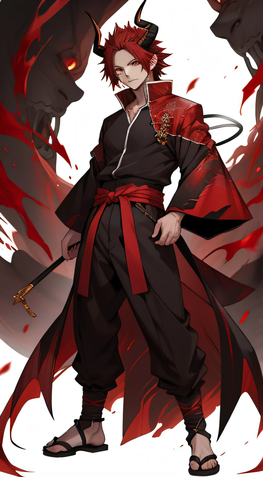 onimous、Devil's horns grow from the head、Red-haired、Komono、masutepiece, superfine illustration, Extremely detailed, 1boy, Flat background, Full body, Standing, very detailed face and eyes,