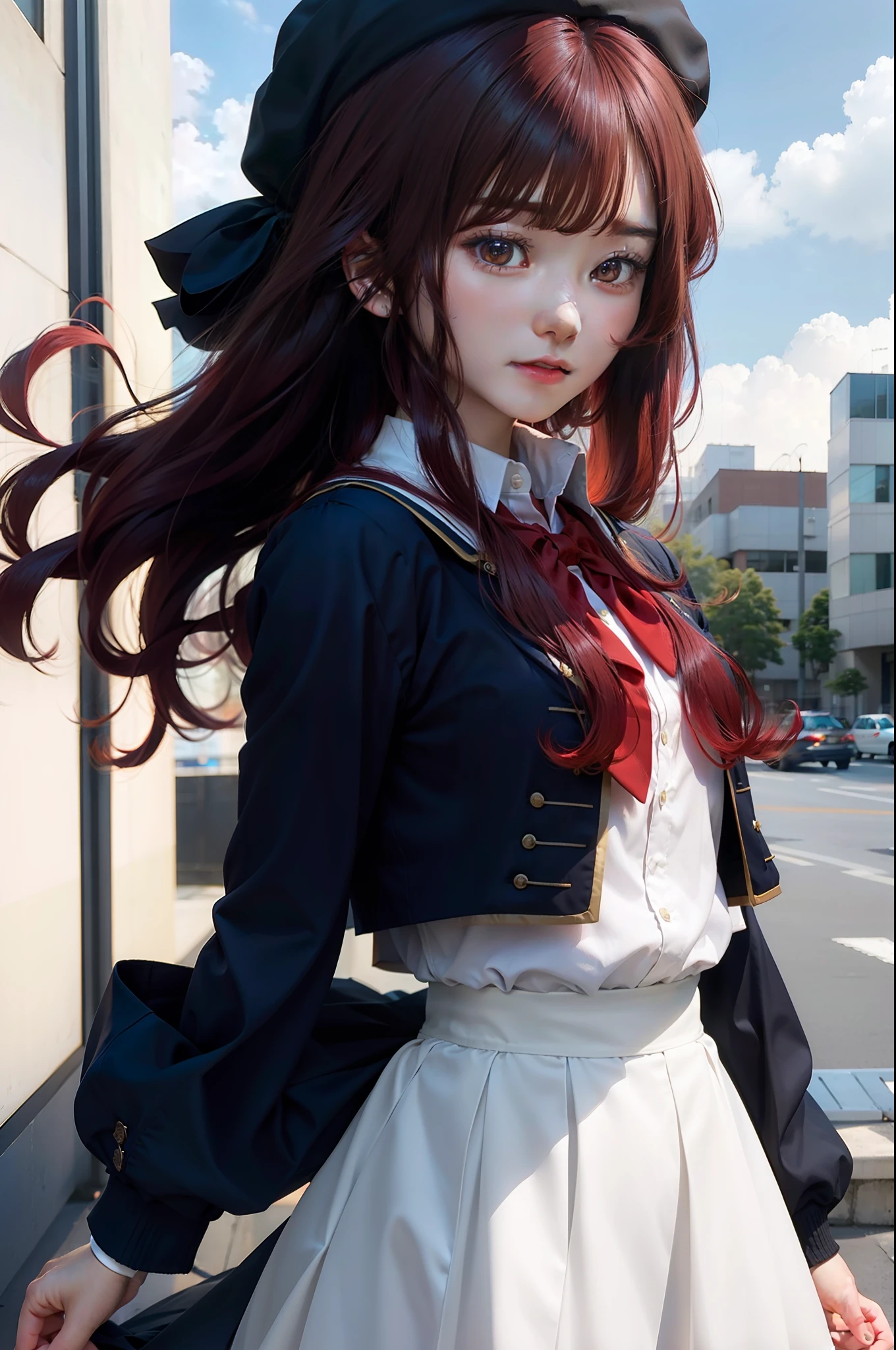 Girl, Arima Kana, school uniform, long hair, red hair, realistic, ultra detail, 70mm lens