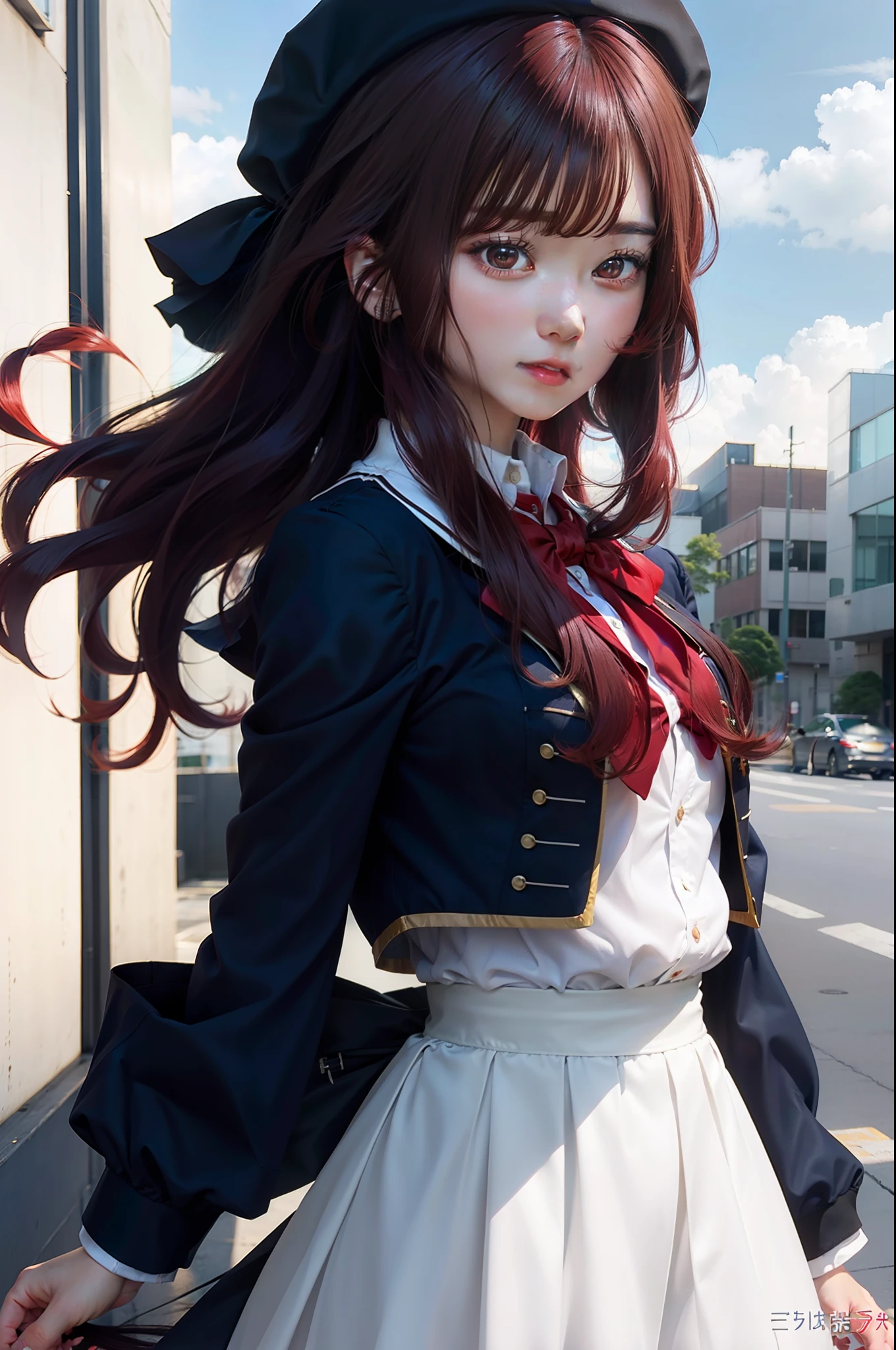 Girl, Arima Kana, school uniform, long hair, red hair, realistic, ultra detail, 70mm lens