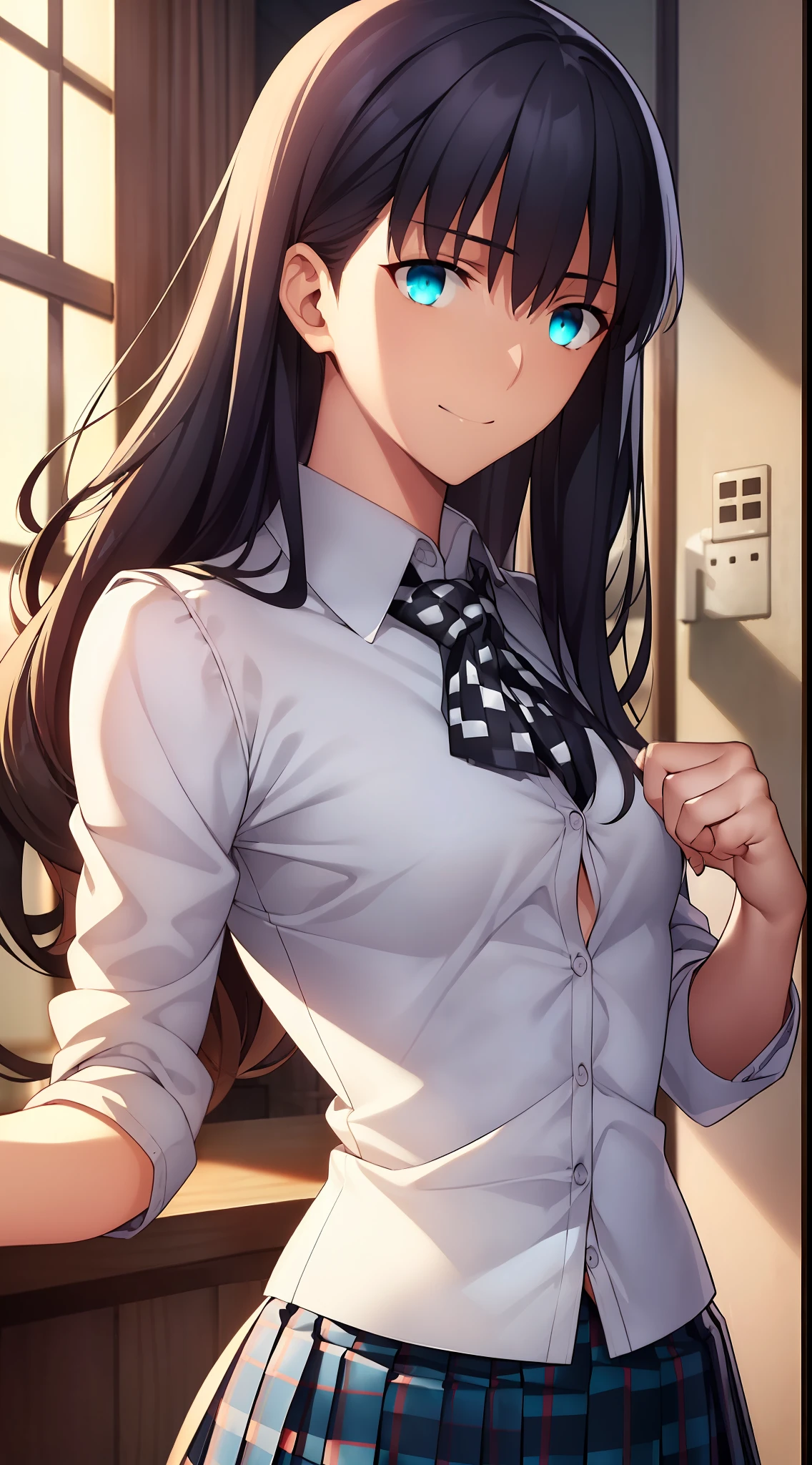 {{beautiful}}, amazing, (best quality:1.5), (masterpiece:1.5), extremely delicate and beautiful, intricate details, finely detailed, extremely detailed, beautifully detailed, ultra-detailed, (hyperdetailed:1.5), high resolution, (illustration), watercolor pencil, Clear line drawing, (ufotable style:1.1), (ufotable screen cap:1.1), anime coloring, anime screencap, (latest picture), backlighting, dynamic angle, glow, depth of field, {{body satisfaction}}, (body with a good balance of style:1.5), (slender figure:1.5), perfect body, perfect hands, perfect feet, (two arms:1.2), (two legs:1.2), (five fingers each:1.2), (perfect joint:1.2), perfect joint movement, beautiful detailed eyes, (detailed eyes:1.5), finely detailed eyes, perfect anatomy, full dissection, perfect composition, correct limbs, balance and coordination in all things, realistic:0.5, precise fingers and hands, (finely drawn hair:1.5), {{cool girl}}, (black hair:1.3), (semi-long hair:1.3), (straight hair:1.3), bangs, (cyan eyes:1.3), (medium breasts:1.3), (small-sized buttocks:1.3), {{school uniform}}, (white collared shirt:1.5), white shirt, breast tent, (checkered pleated skirt:1.5), checked skirt, pleated skirt, (unbutton one's first button:1.5), shy, smile,