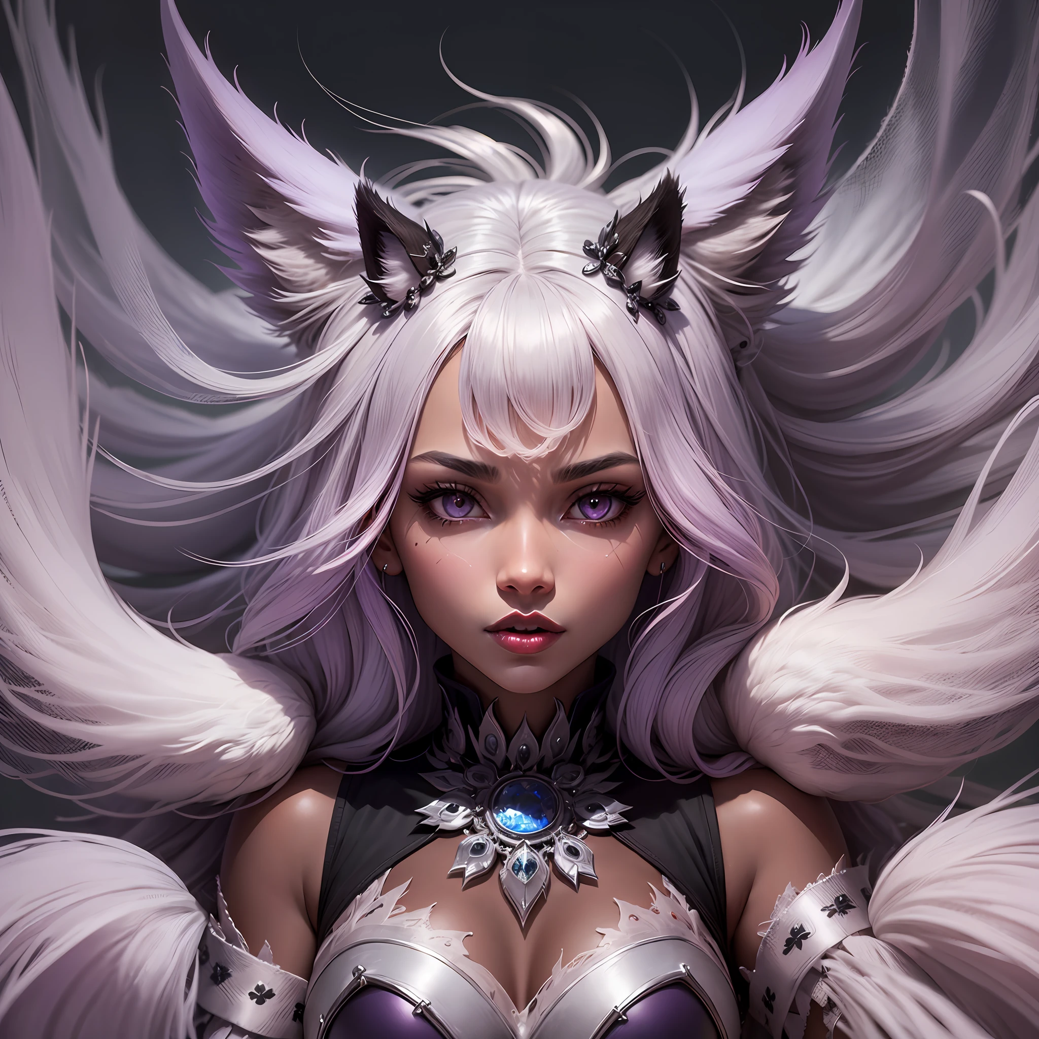 female body wolf, purple fur, long silver claws, arms outstretched, howl humain face, black skin, pink eyes, pink lips, prominent silver canine --auto --s2