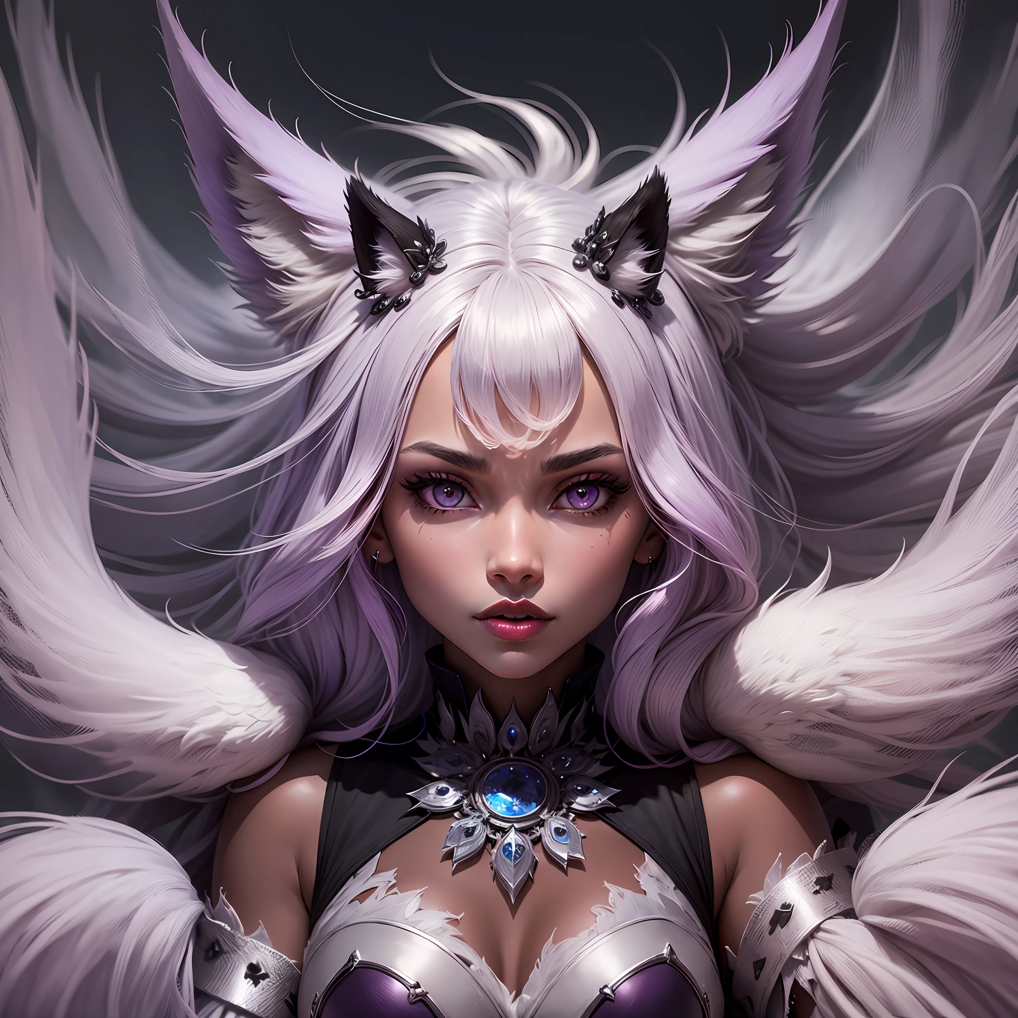 female body wolf, purple fur, long silver claws, arms outstretched, howl humain face, black skin, pink eyes, pink lips, prominent silver canine --auto --s2