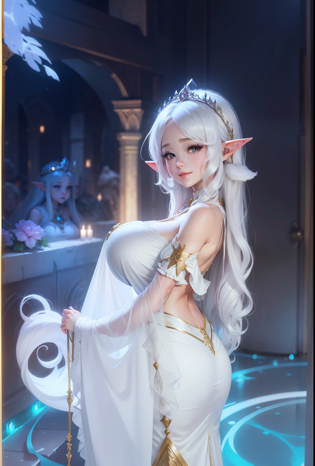 whaite hair，Elf ears，huge tit，tiara crown，a white long skirt，ssmile