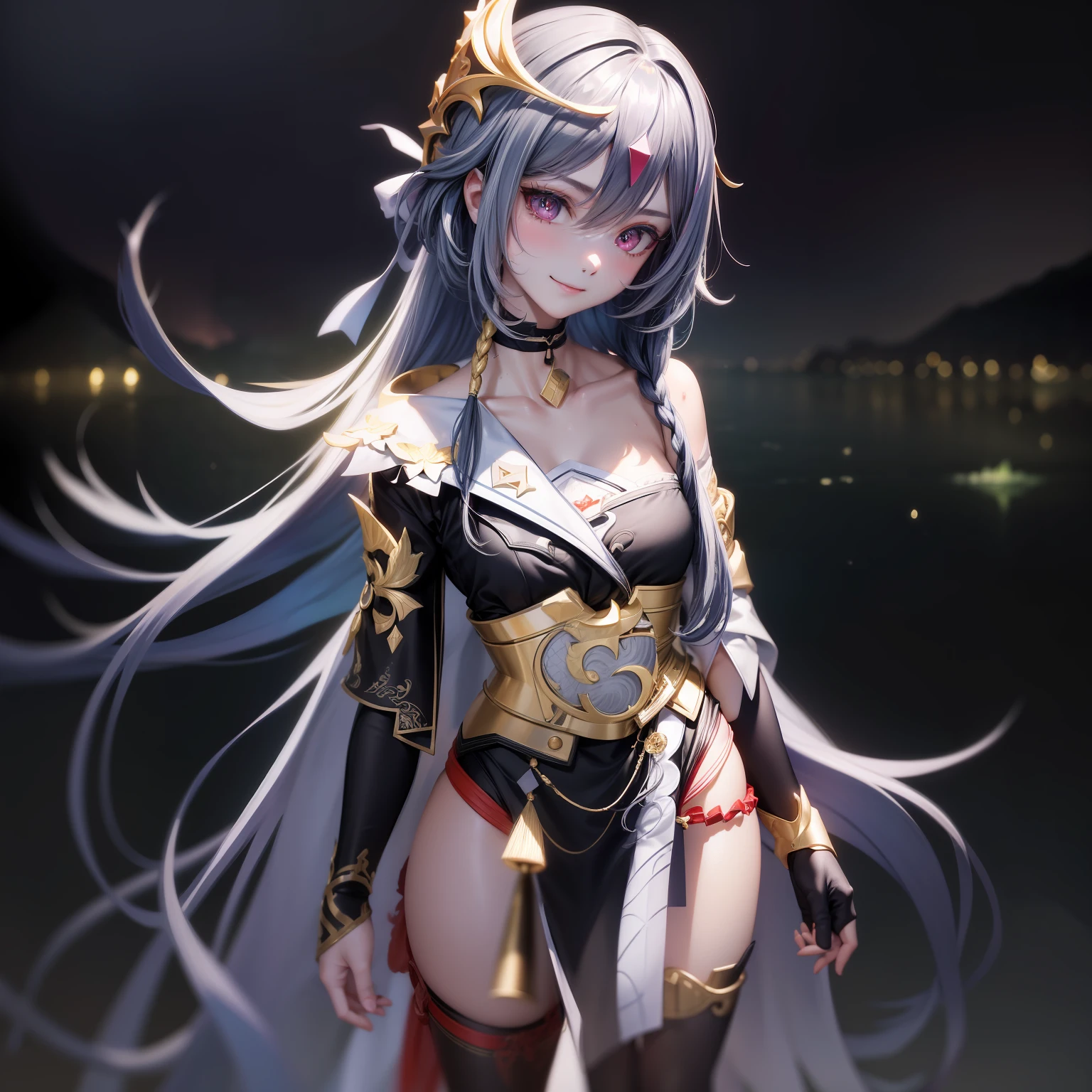 Best quality, Masterpiece, Ultra-detailed, Beautiful, A high resolution, Original, absurderes, Felt, 1girll, Solo, Long_Hair, Looking_at_peeping at the viewer, Smile,A bit obsessive-compulsive， bangs, black_Hair, Hair_decorations, Red_Eyes, Hair_between_Eyes, Chinese_clothes, uneven_Sleeves, :D, standing, Simple background, White background, mitts, asymmetrical_Sleeves, Fingerless gloves, High quality, full body detailing, Golden ratio, RAW photo (Short straight black hair) (pale 20-year-old woman,  short,head straight-looking at viewer, full bodyesbian, Perfect face, Amazing eyes, Vivid details, (skin with many details), (Dark),  aurora, (Backlight: 0.5), Depth of field, Canon 5D, 50mm lens, f/4 aperture, (Super detail), Sharp focus, pastelcolor, 8K, consciousness, 8mm film food,  War photography absurdity、tmasterpiece、Best quality、realisticlying、Hyper-detailing、（Shiny skin，sweat leggs:1.4）、Slim、Look at the audience、1girll、Solo、（thick thight:0.5）、动态照明、A high resolution、sharp fokus、depth of fields、