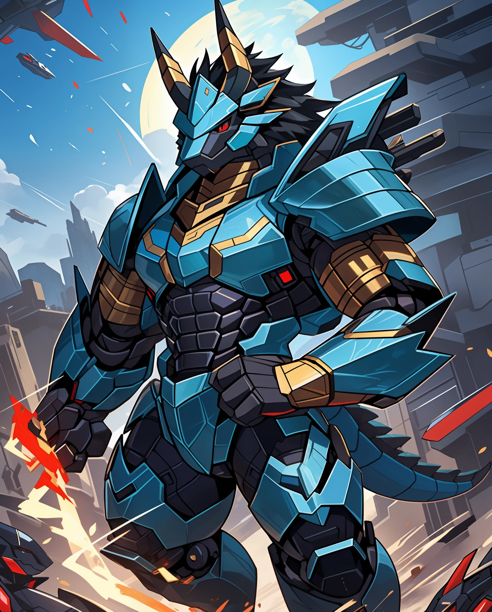 Anthropomorphic Lizard, blue camouflage scales, dark teal and black mecha armor, red and black mecha helm with a black horn, mane of red and gold, gray machine gun and dark teal and yellow shield, masterpiece, best quality