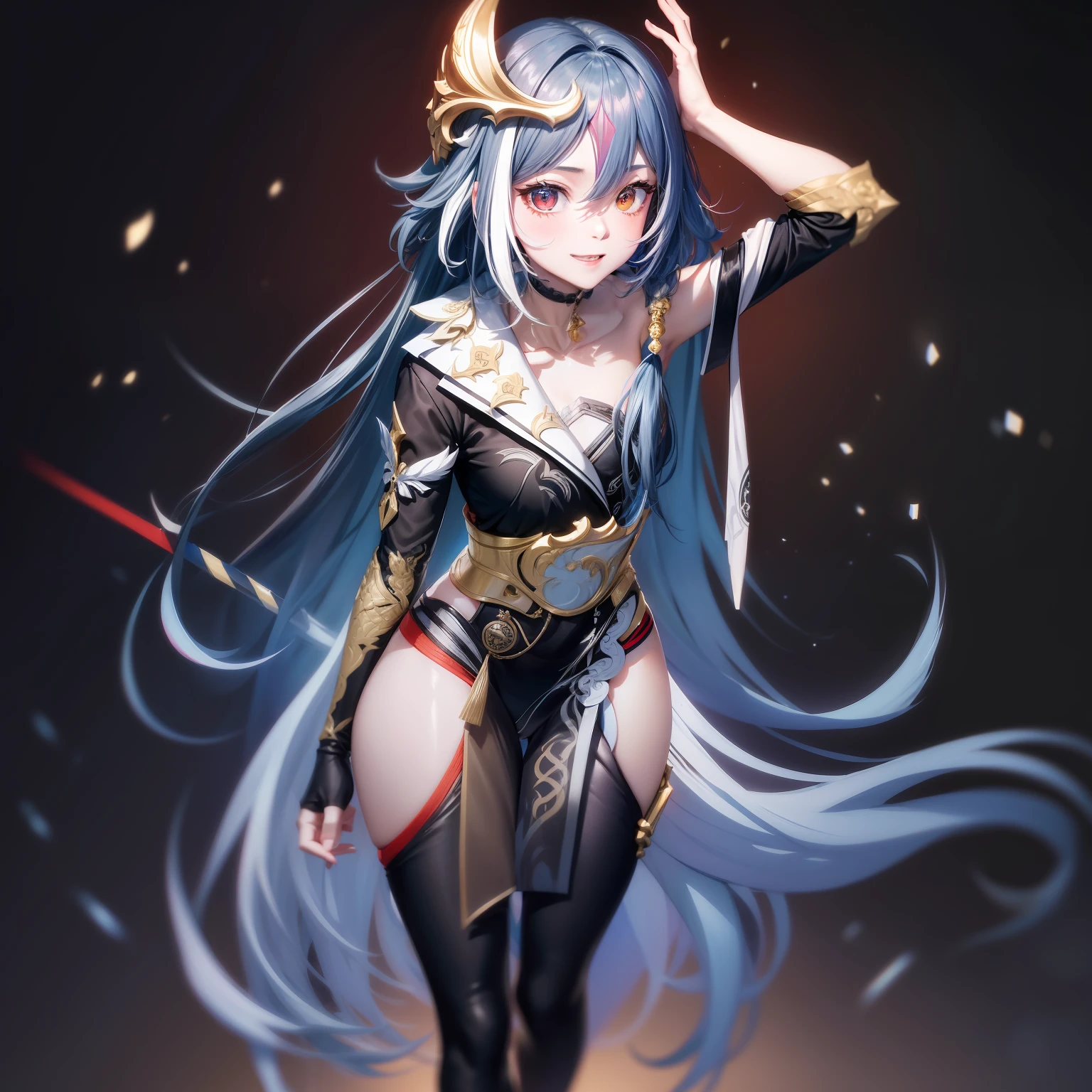 Best quality, Masterpiece, Ultra-detailed, Beautiful, A high resolution, Original, absurderes, Felt, 1girll, Solo, Long_Hair, Looking_at_peeping at the viewer, Smile,A bit obsessive-compulsive, bangs, black_Hair, Hair_decorations, Red_Eyes, Hair_between_Eyes, Chinese_clothes, uneven_Sleeves, :D, standing, Simple background, White background, mitts, asymmetrical_Sleeves, Fingerless gloves, High quality, full body detailing, Golden ratio, RAW photo (Short straight black hair) (pale 20-year-old woman, short,head straight-looking at viewer, full bodyesbian, Perfect face, Amazing eyes, Vivid details, (skin with many details), (Dark), aurora, (Backlight: 0.5), Depth of field, Canon 5D, 50mm lens, f/4 aperture, (Super detail), Sharp focus, pastelcolor, 8K, consciousness, 8mm film food, War photography absurdity、tmasterpiece、Best quality、realisticlying、Hyper-detailing、(Shiny skin,sweat leggs:1.4)、Slim、Look at the audience、1girll、Solo、(thick thight:0.5)、动态照明、A high resolution、sharp fokus、depth of fields、
