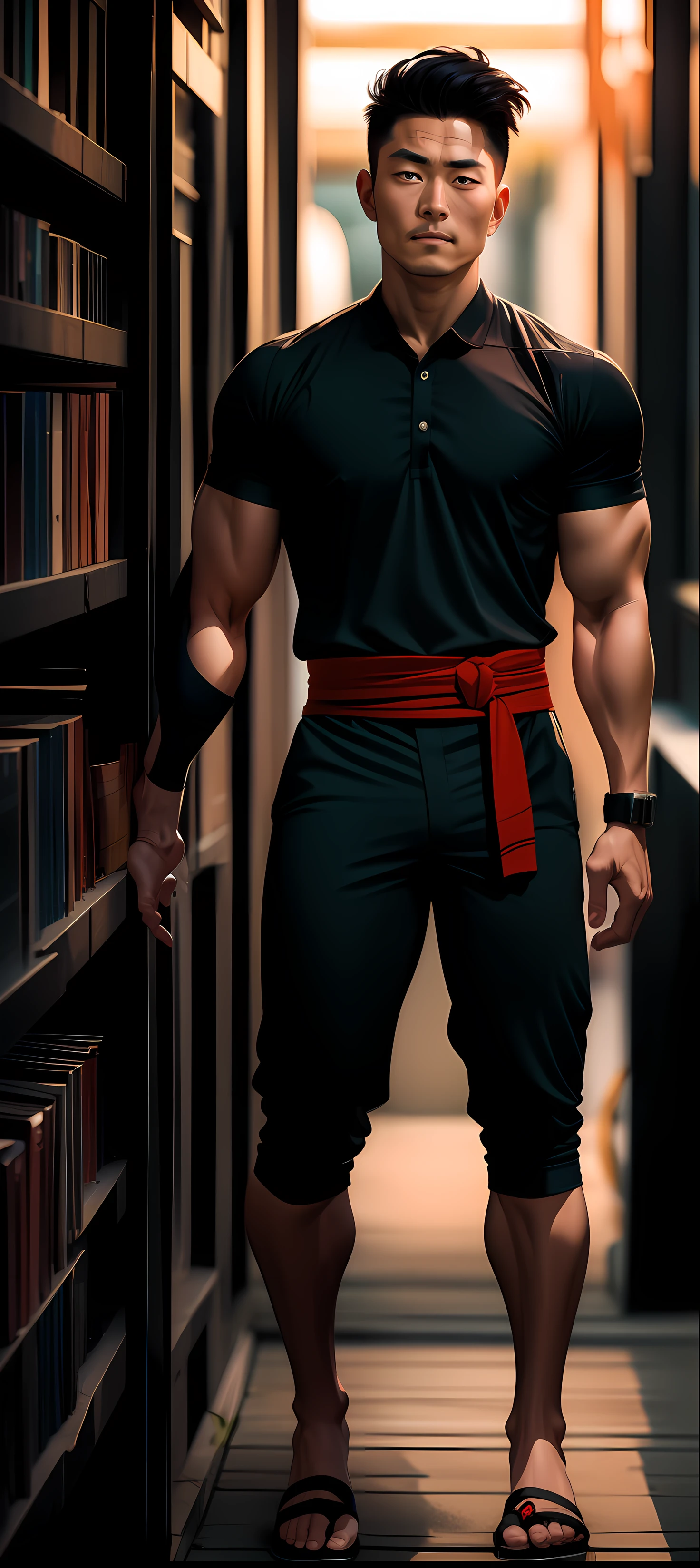 Masterpiece, Physical Appearance: Hiroki stands tall at 6'2" with a well-built, muscular physique, a testament to his rigorous training as a ninja. His short, raven-black hair is styled with a slightly swept-back look, revealing a prominent forehead protector bearing the symbol of his hidden village. His piercing green eyes reflect a combination of determination and a calm demeanor, which often unnerves his opponents in battle. Hiroki has a faint scar running across his left cheek, a reminder of a past encounter with a dangerous adversary.Clothing: Hiroki wears a sleek, high-collared, navy blue flak jacket over a form-fitting black long-sleeved shirt. He pairs it with durable black cargo pants, allowing him the freedom to move swiftly in combat situations. Wrapped around his waist is a crimson sash adorned with intricate golden designs, symbolizing his dedication to his village. On his feet, he dons dark gray ninja sandals that offer both comfort and stability during his missions.