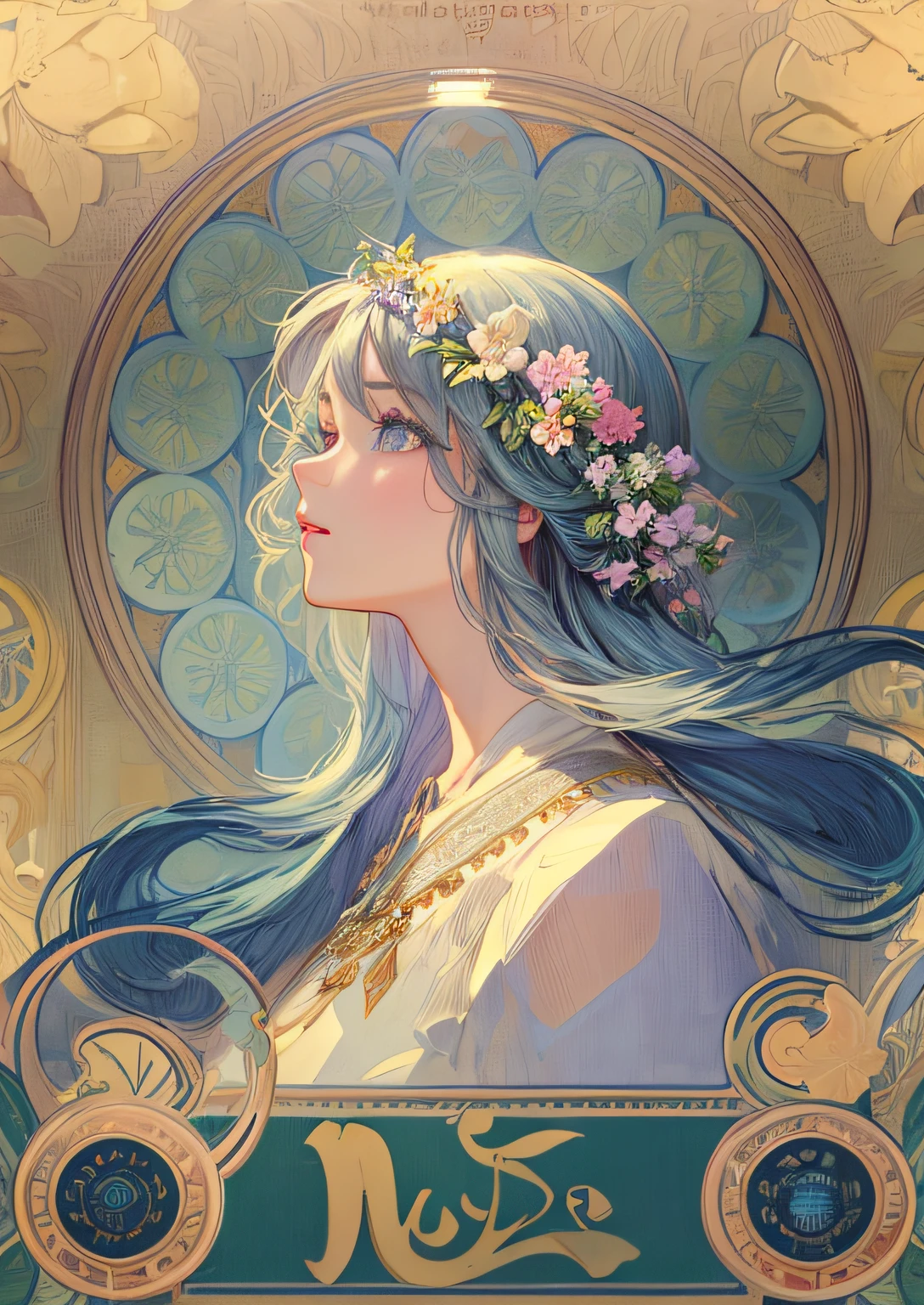 (masterpiece, best quality, detailed beautiful:1.2), (perfect sketch, detailed clothes, detailed eyes), Krenz Kchart style, Alphonse Mucha style, (1girl), solo, (looking left), dressed like nordic goddess, (portrait, shot from side), a lot of flowers in the frame,