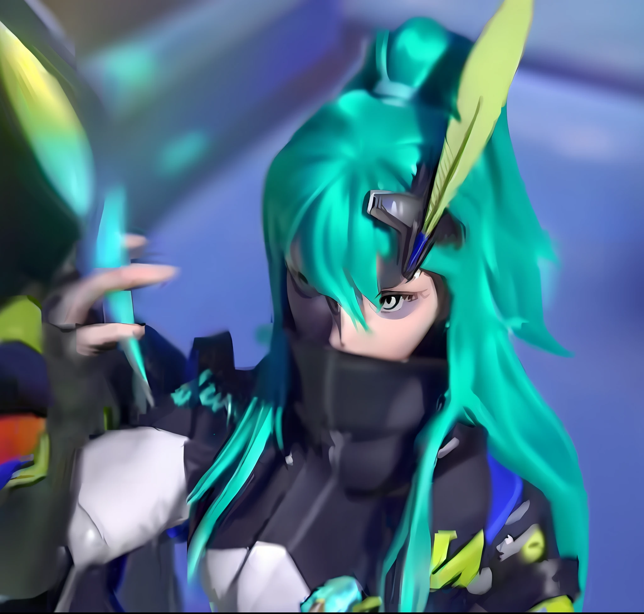 A cool girl，High neck zippered tights tracksuit covers chin，Green high ponytail hair，Sharp eyes，Feather shaped darts in hand，Wear a feather-shaped hairpin