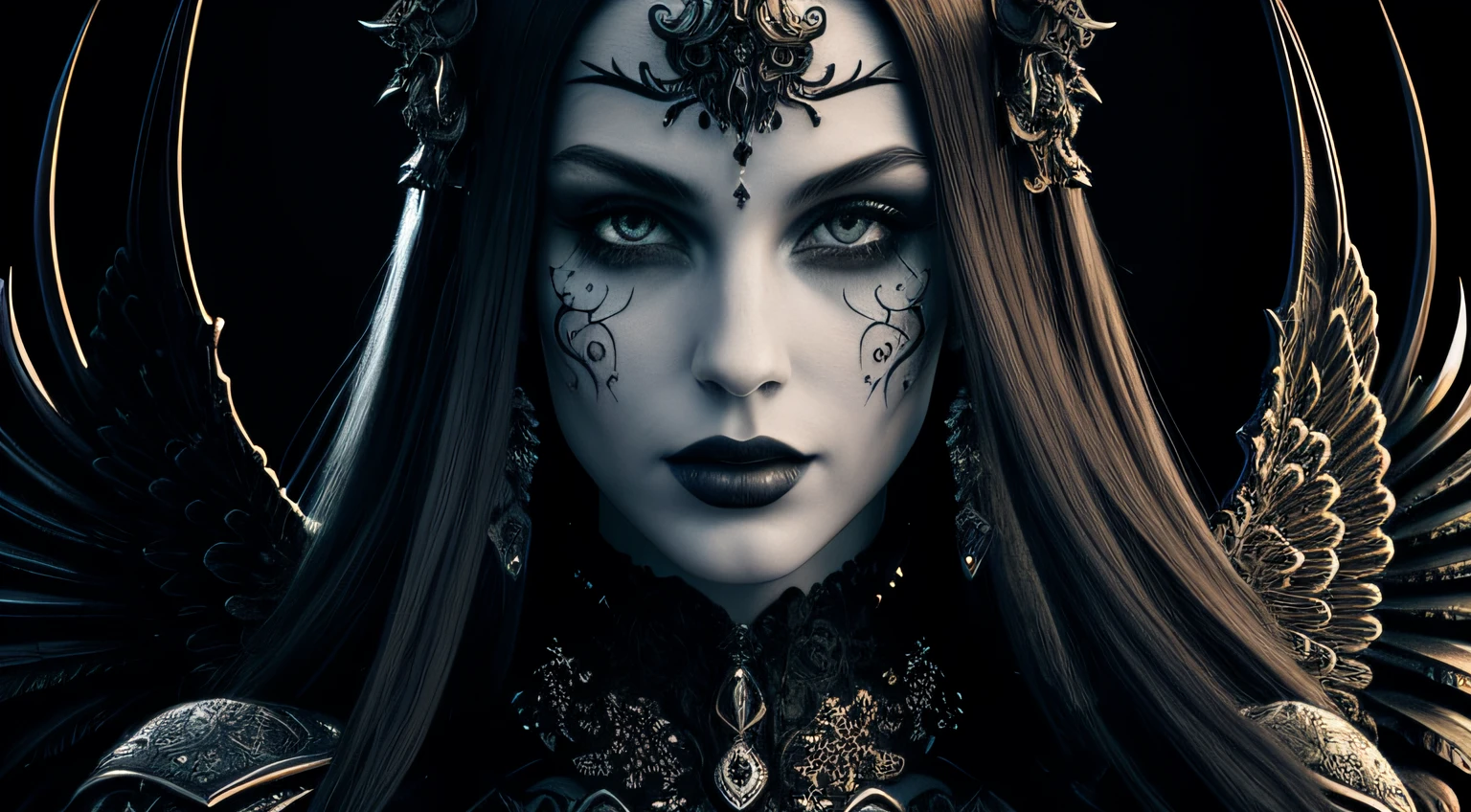 ornate, intricate details, beautiful dark angel, beautiful face, gothic style, hyper-realistic fantasy art, digital illustration, black colorful, moon scene, Perfect anatomy, Studio photo, Rich color, Sensual, Fantasy, Photorealistic, Ultra detailed, Vibrant lighting, Realistic textures, Beautiful face, Cute Eyes, Fine details, Intricate details, Full body, Hyperrealistic, Shine, Full figure, Supermodel