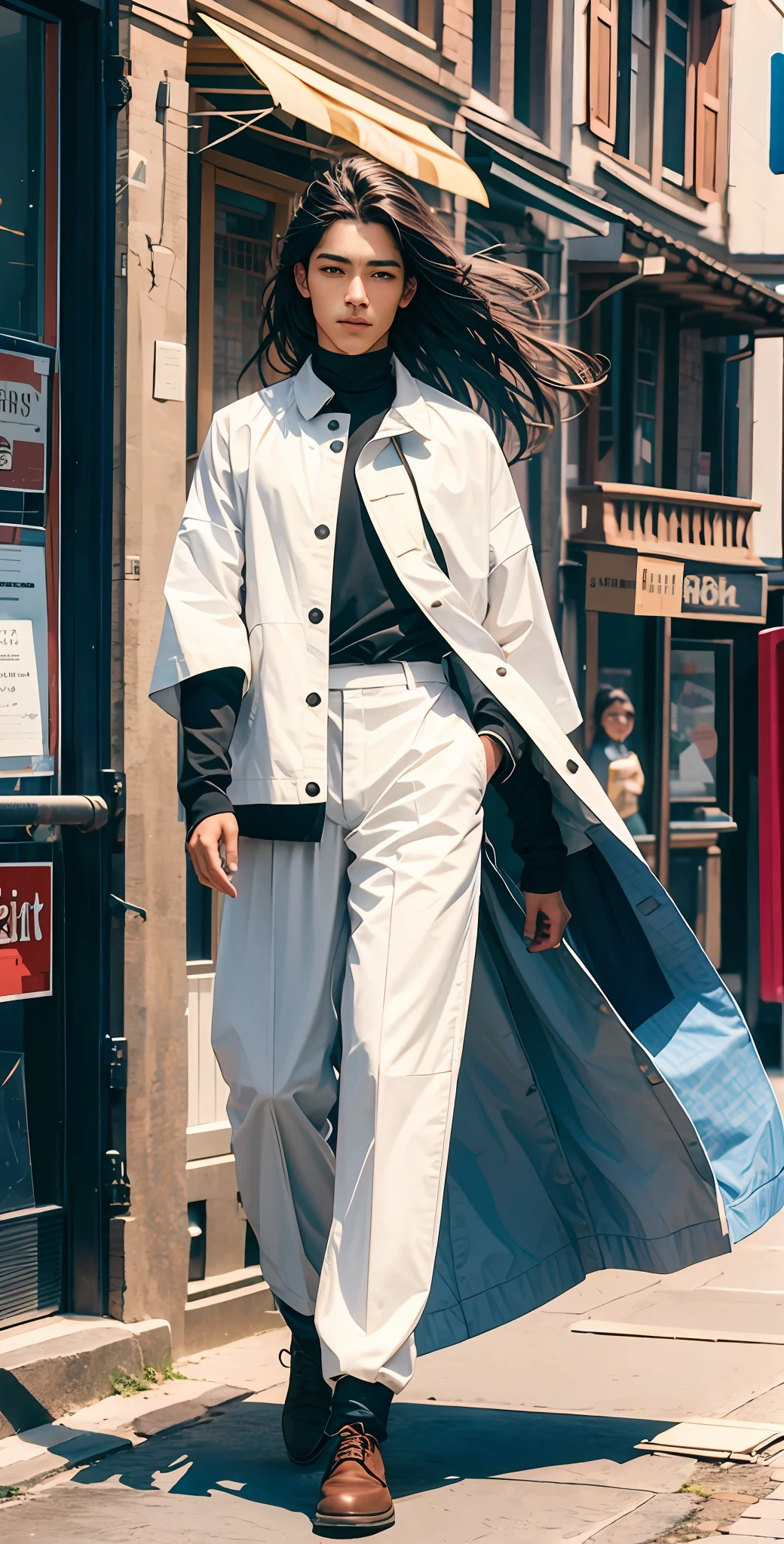 masterpiece, best quality, highly detailed, photorealistic, modelshoot style, (full body portrait of a handsome man with brown eyes:1.2) BREAK long black hair flowing in the wind BREAK (white jacket:1.1) BREAK (white cotton pants:1.1) BREAK black shirt BREAK outdoors, blue sky, green grass BREAK (walking in an old europian street:1.2)
