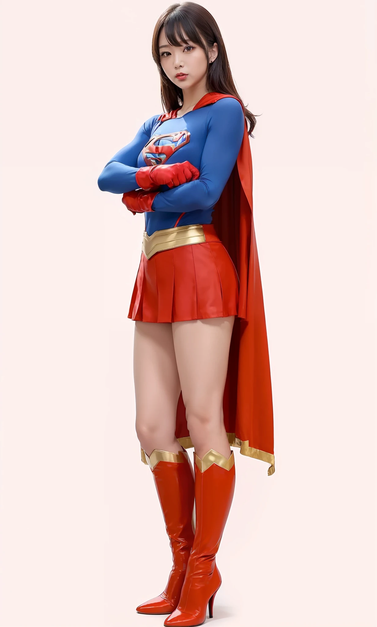 ((top-quality、8K、masterpiece:1.3))、well-muscled、tight-fitting costume、Supergirl Logo、super girl、Wearing stockings、Wear long red gloves、Painful look