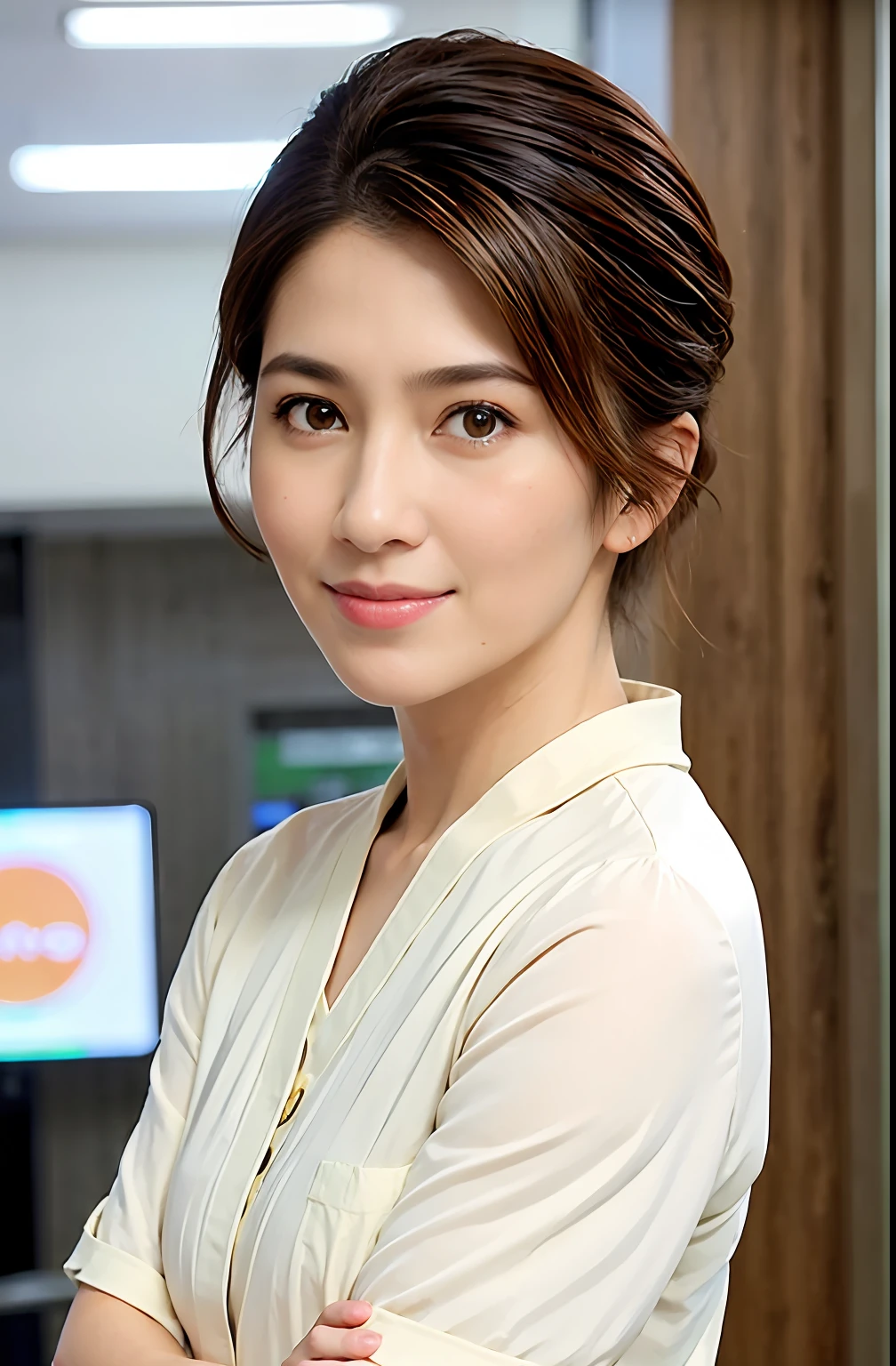 (supermarket:1), afternoon, doctor gown, light brown fringe short hair, light brown eyes, 1girl, innocent, (photorealistic), (intricate details:1.2),(masterpiece, :1.3),(best quality:1.4), (ultra highres:1.2), ultra high res, (detailed eyes), (detailed facial features), HDR, 8k resolution, (lens flare:0.7), turn around, busy on examine report, face viwer, drshe