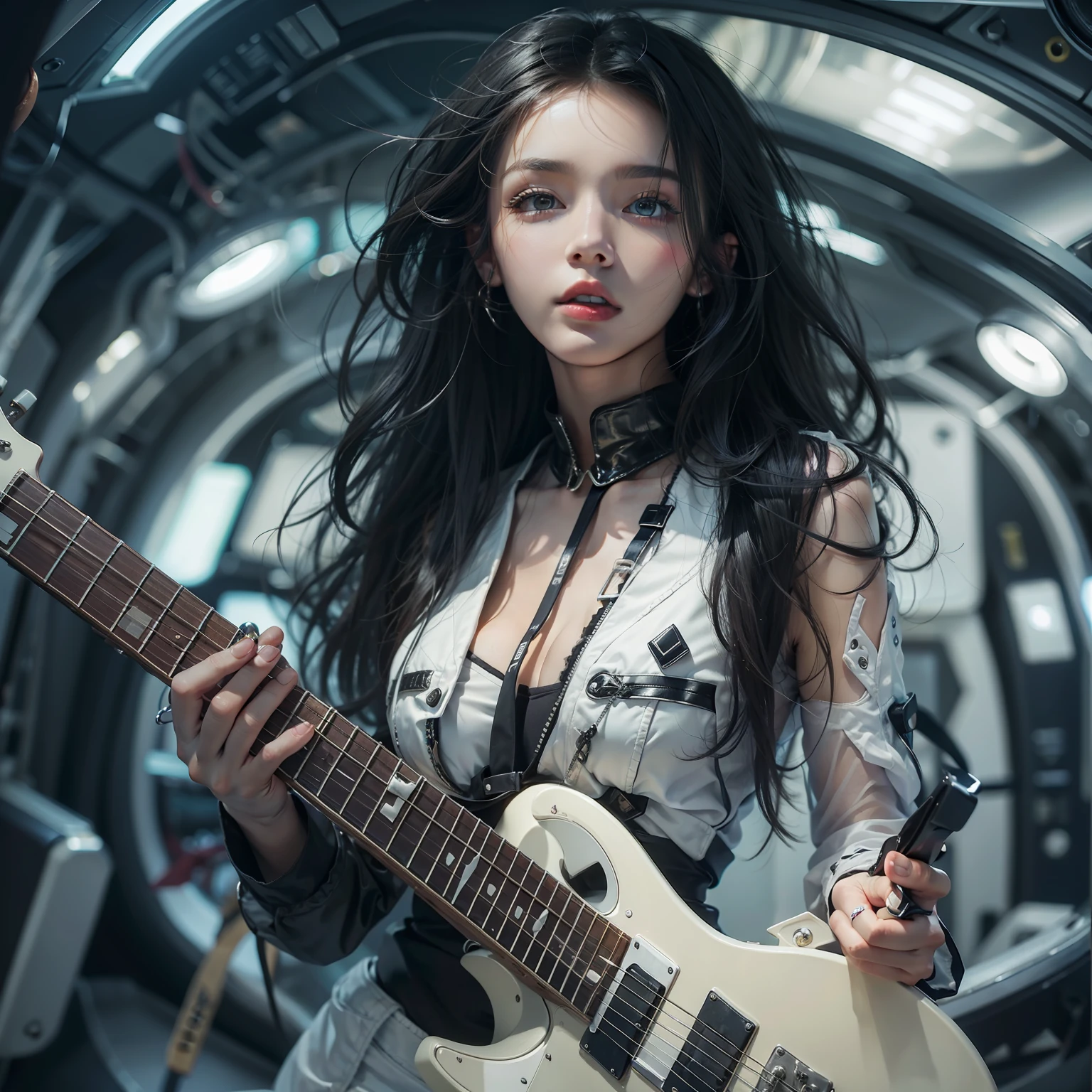 Bewitching woman wearing bodysuit and making melioic sign　holding an electric guitar　stroking hair　Perfect beauty　Very white skin　Beautiful eyes　Glossy lips　The perfect electric guitar　head phone　Inside the spacecraft