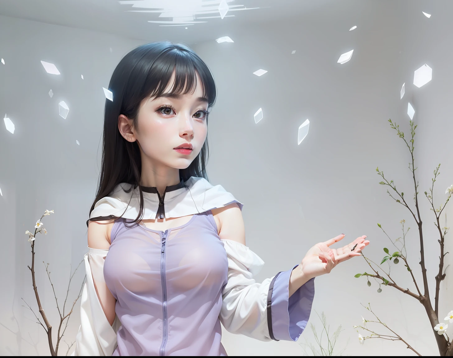 Masterpiece, highest quality, high resolution, interior, detail maniac, high definition, high quality, detailed face, detailed body limbs, detailed five fingers, 1girl, solo, Hinata Hinata, Hyuga sleeveless clothing, bed, sleeveless shirt, fishnet garment, dark lips, unzipped jacket, no bra, tong, exposed breasts, blushing, white light stockings, transparent clothes, exposed pubic hair, camel fingers,