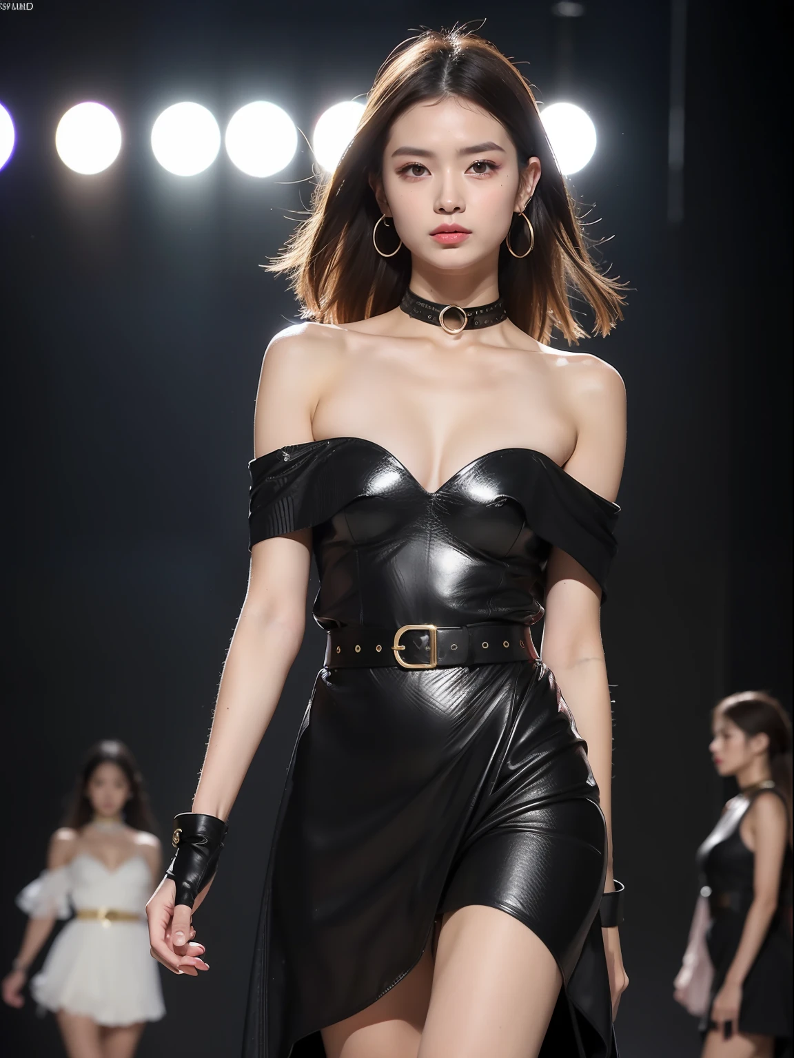 (Best quality, 8k, 32k, Masterpiece, UHD:1.2),Photo of Pretty Japanese woman, 1girl, (medium-short dark brown hair), double eyelid, fashion model, beautiful legs, unique maxi very wet black dress with slit, off-shoulder, gold belt, choker, stand tall, runway, huge stage, Paris Collection, nsfw, full body, see through,,