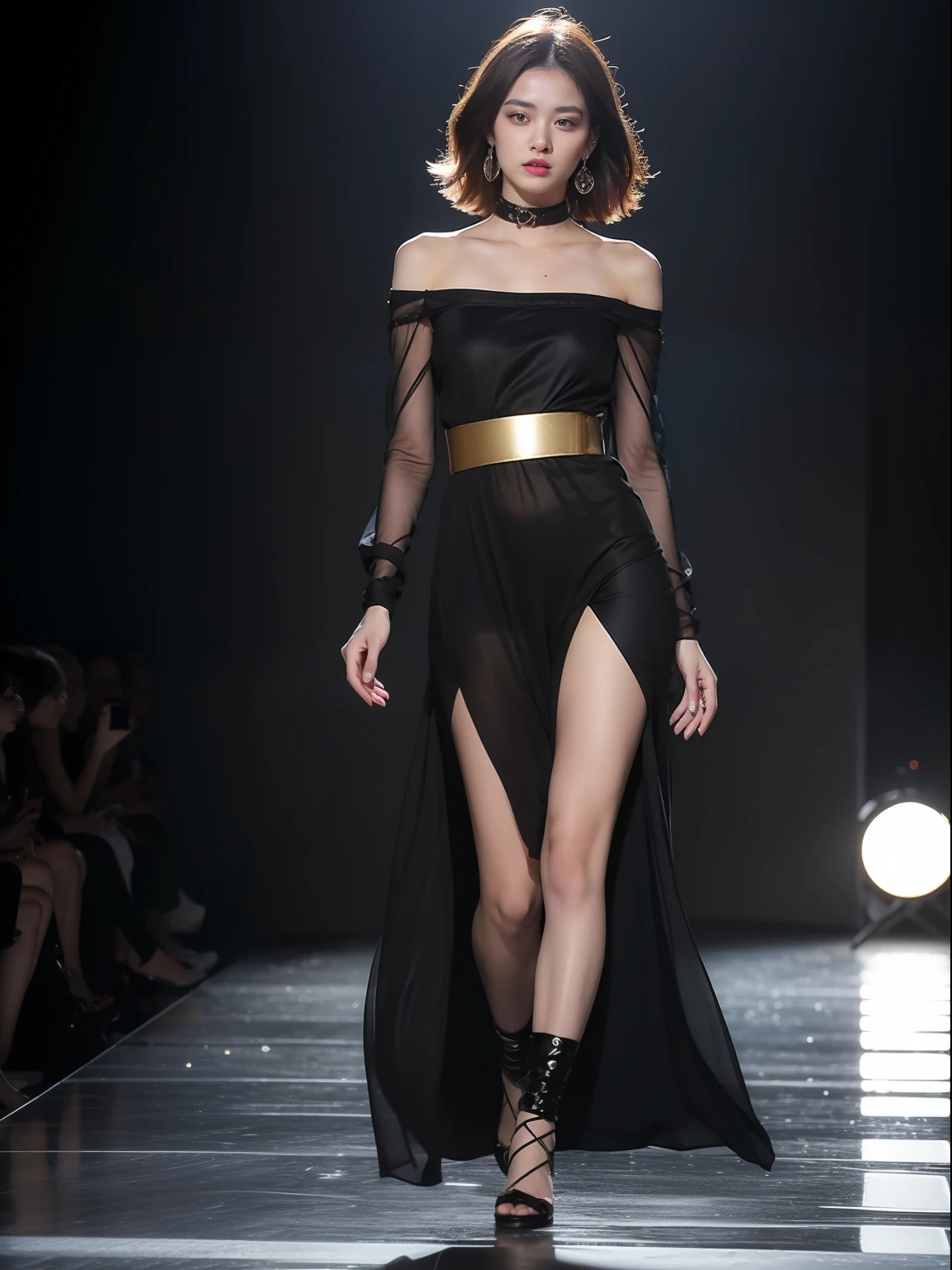 (Best quality, 8k, 32k, Masterpiece, UHD:1.2),Photo of Pretty Japanese woman, 1girl, (medium-short dark brown hair), double eyelid, fashion model, beautiful legs, unique maxi very wet black dress with slit, off-shoulder, gold belt, choker, stand tall, runway, huge stage, Paris Collection, nsfw, full body, see through,,