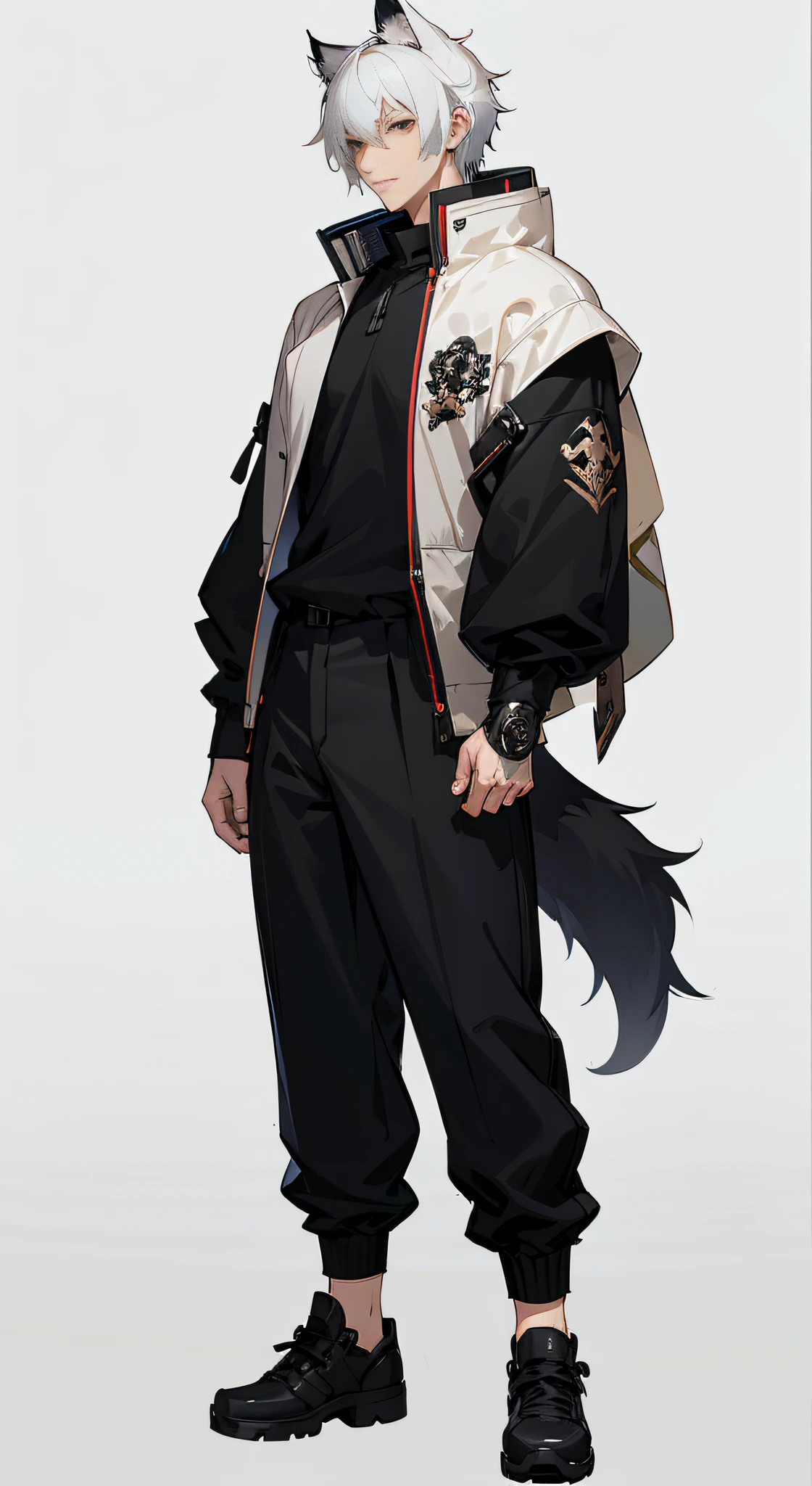 Anime character wearing black and white with white hair and cat tail, Official Character Art, detailed anime character art, ( ( character concept art ) ), official character illustration, detailed full body concept art, character full body portrait, full-body character portrait, human male character art, anime full body illustration, male character design, full-body character portrait, detailed character art
