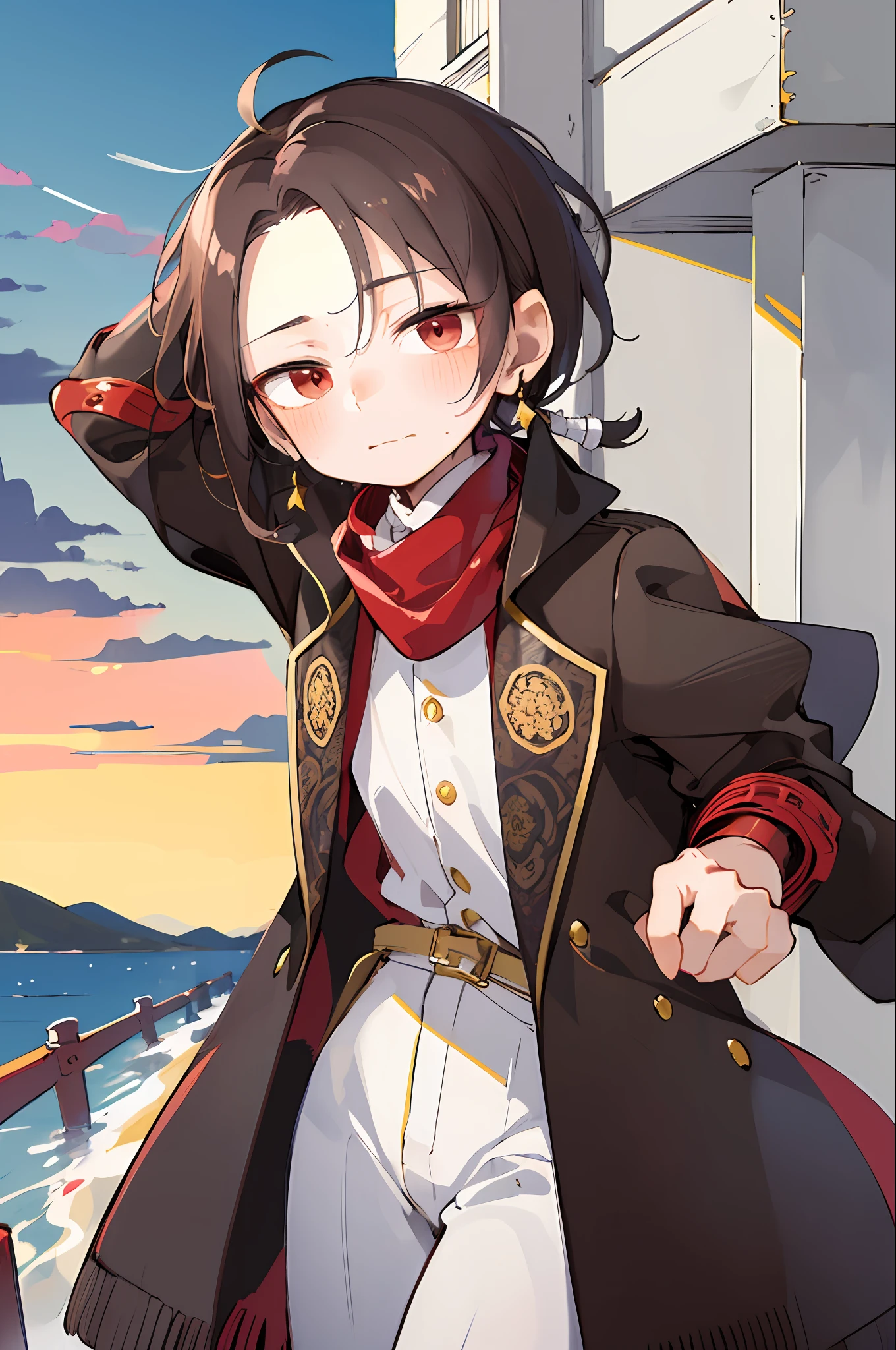 (masterpiece, best quality:1.2), cowboy shot, solo, male focus, 1boy, kashuu kiyomitsu, expressionless, closed mouth, looking at viewer, ponytail, japanese clothes, red scarf, jewelry